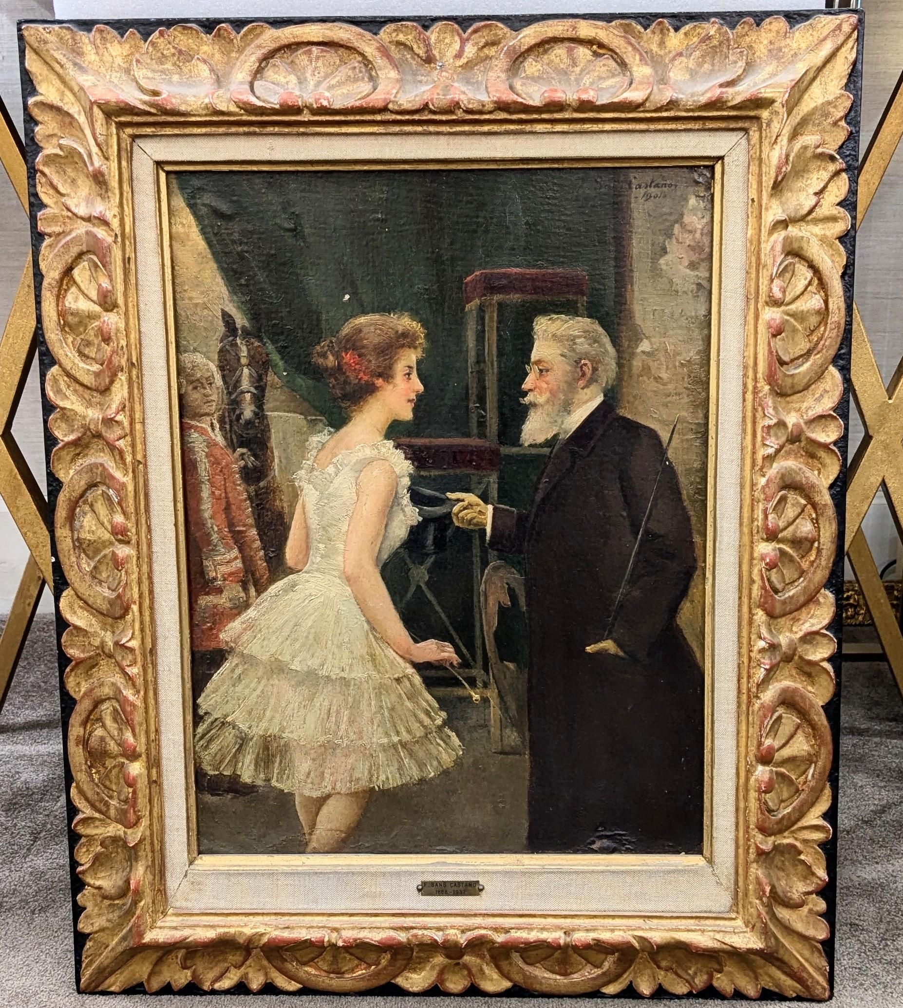 Painting by Francisco Sans Castaño painted in Oil with Circus Motifs 
Canvas size 44  x 33 cm. ( 17,32 x 12,99 in.)
Canvas size with frame 64 x 53 cm (25,59 x 20,86 in)

Francisco Sans Castaño (Barcelona, ​​1868-Barcelona, ​​1937) was a Spanish