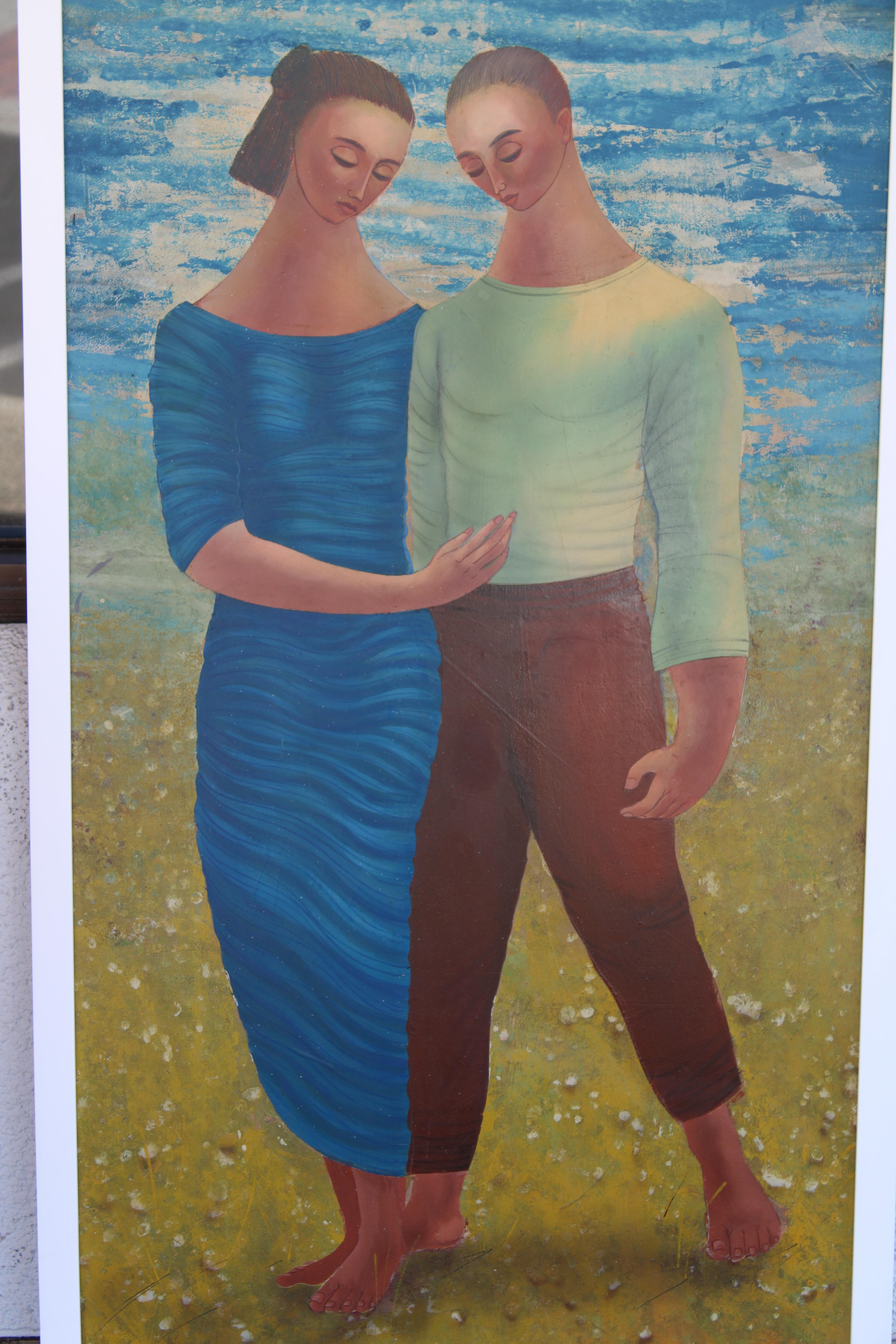 Painting on masonite by Flavio E. Cabral (1916-1990) titled Two Figures.  Painting framed measures 26