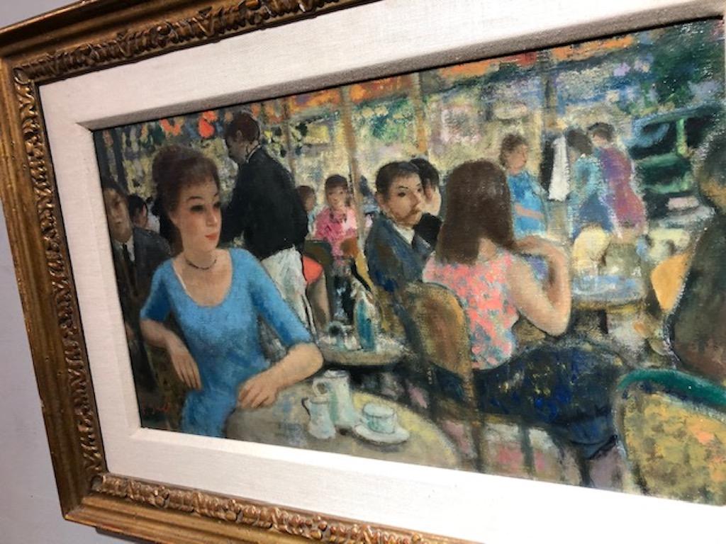 Francois Gall 1912-1987 French artist.

Benezit Listed. Gall Was The Recipient Of The Medaille D'ore At the Paris Salon of 1947.

Measures: 10 ½ x 18 oil on canvas, signed lower right. This café scene remains tranquil and relaxed as the artist’s