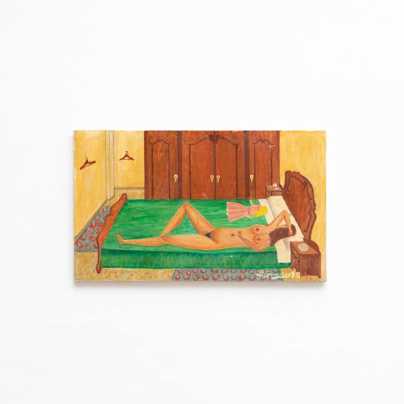 Pittura di L.Gonzales, 1998.

Su tela. Firmato e datato.

In condizioni originali, con alcuni segni visibili dell'uso e dell'età precedenti, che conservano una bella patina.

Materiali:
Tela.

Dimensioni:
H 33 W55 D2.