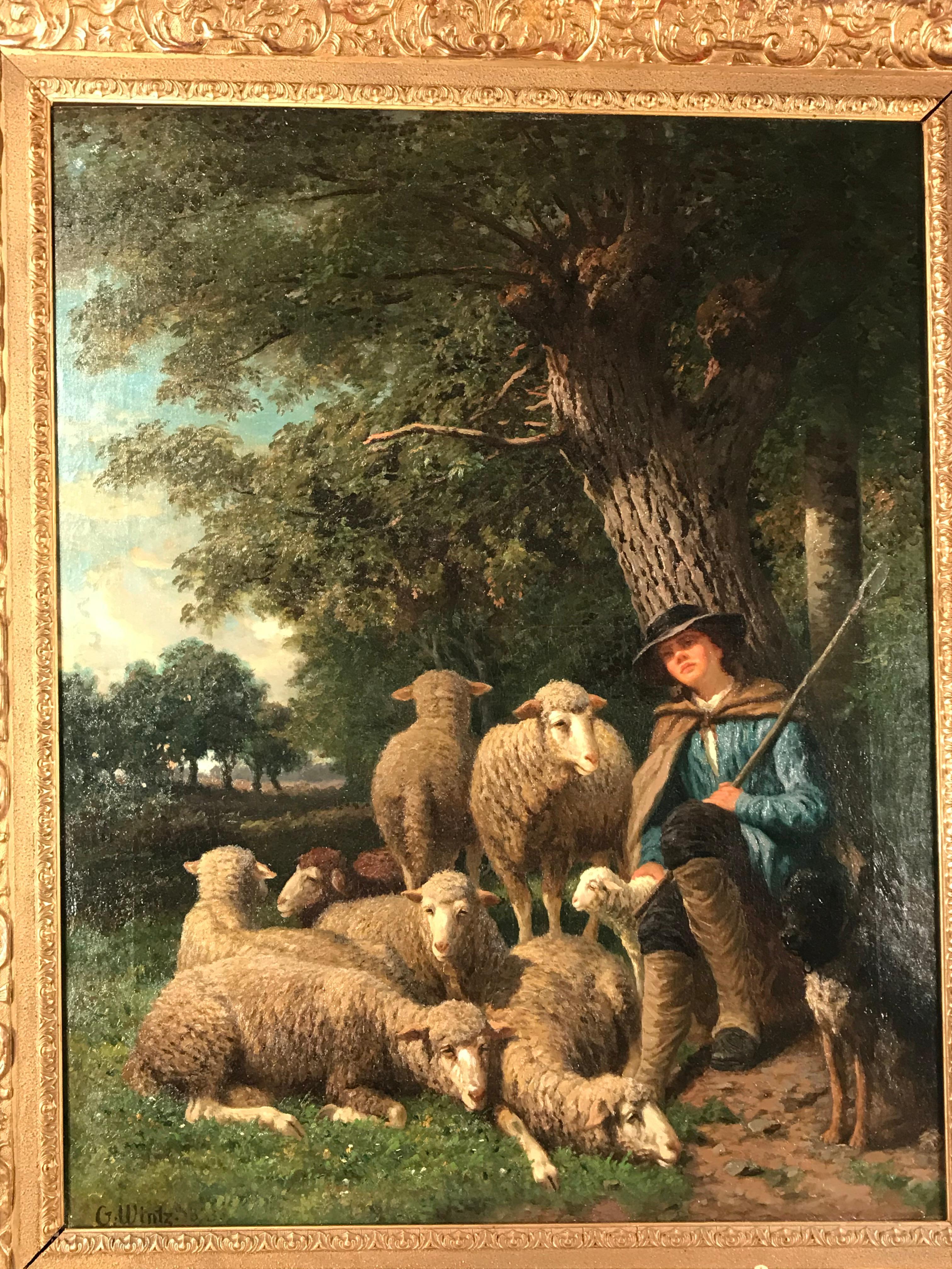 Painting by Guillaume Wintz (1833-1829), shepherd with his flock, oil on canvas 36.34 x 28.93 inches (92.5 x 73.5 cm), signed and dated 1883. The painting ships from Germany.