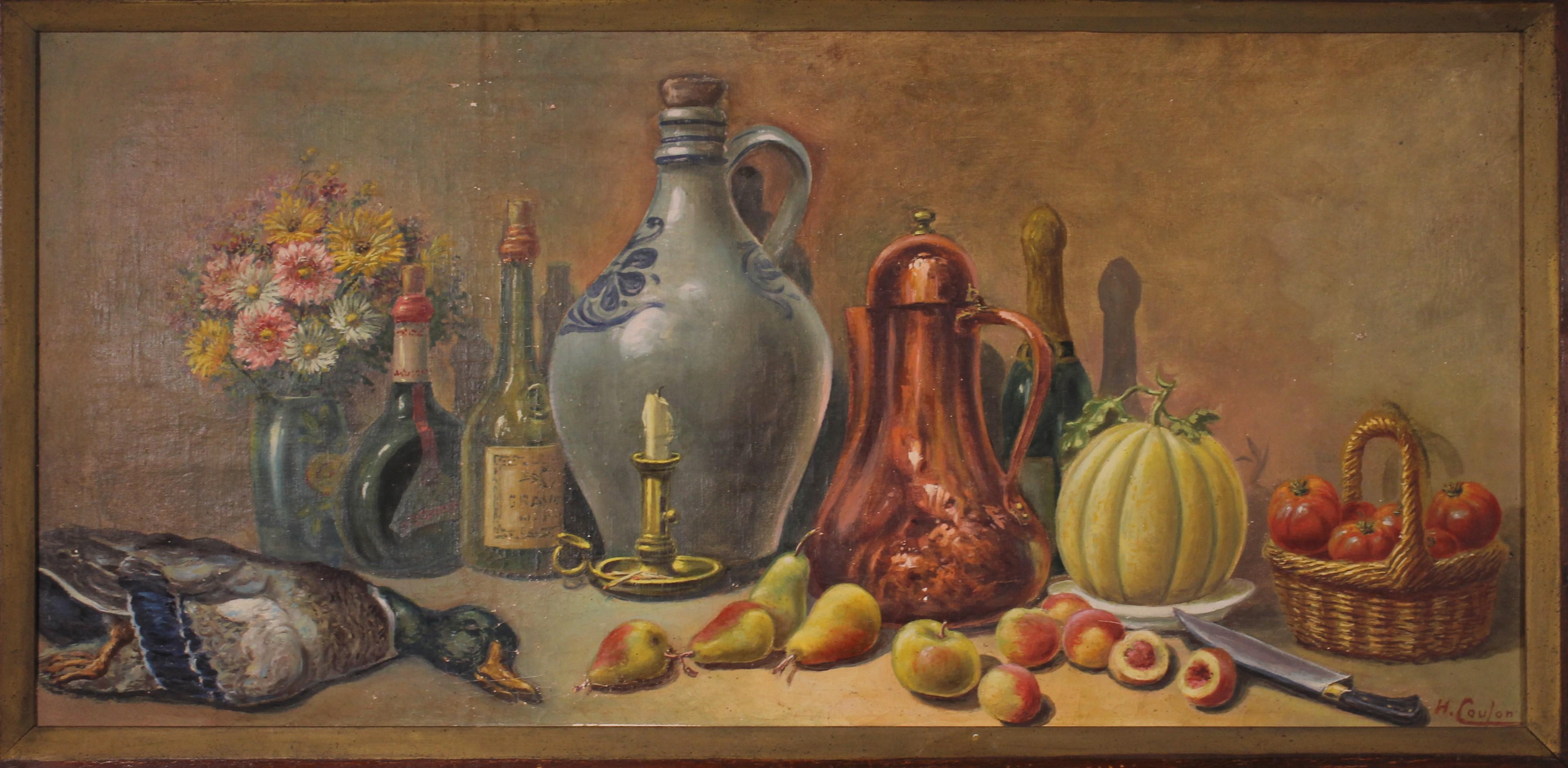 huile sur toile représentant une nature morte avec fruits, fleurs et gibier dans un cadre en bois signé H.Coulon
Grand modèle
En bon état et belle patine

