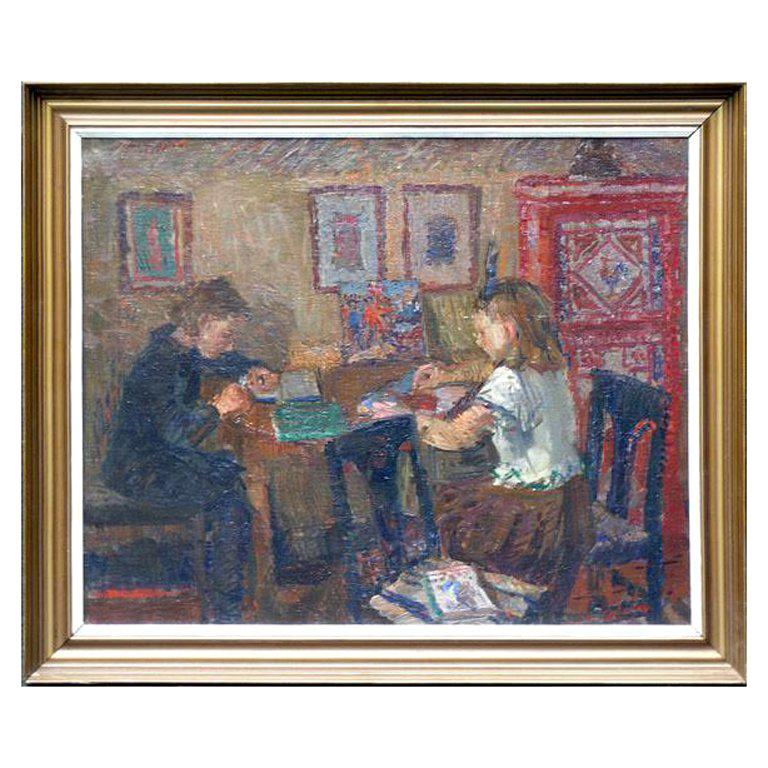 Painting by James Gordon Ogilvie: "Girls at the Table" For Sale