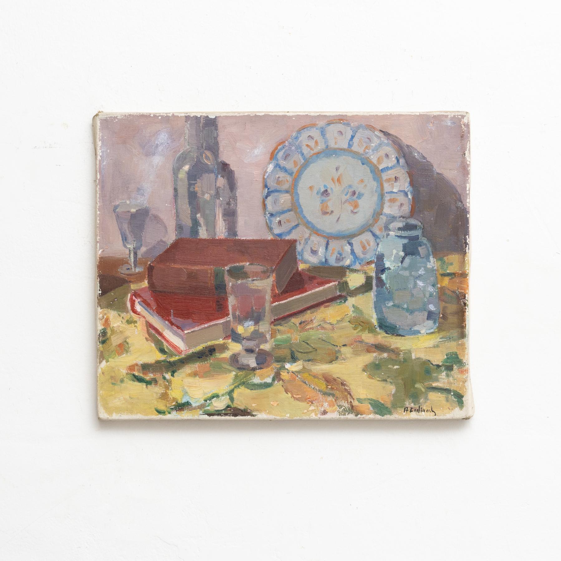 Gemälde von Jordi Casacuberta Codinach, um 1940.  Öl auf Leinwand. Handsigniert.  Im Originalzustand, mit einigen sichtbaren Gebrauchs- und Altersspuren, die eine schöne Patina erhalten haben.  Ungerahmt.  MATERIALIEN: Öl auf Leinwand.