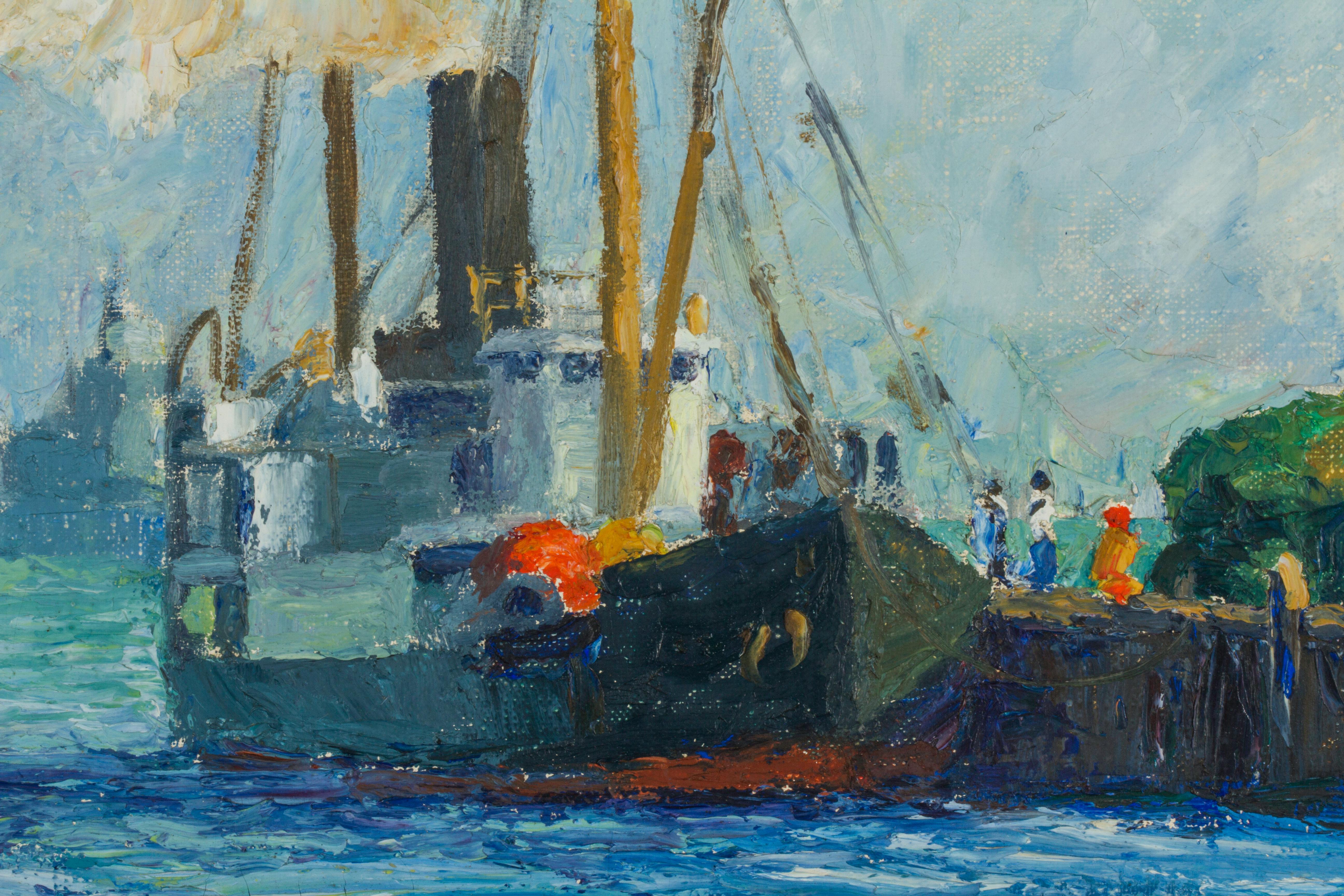 American Painting by Louis Krupp “Harbor Ships” For Sale