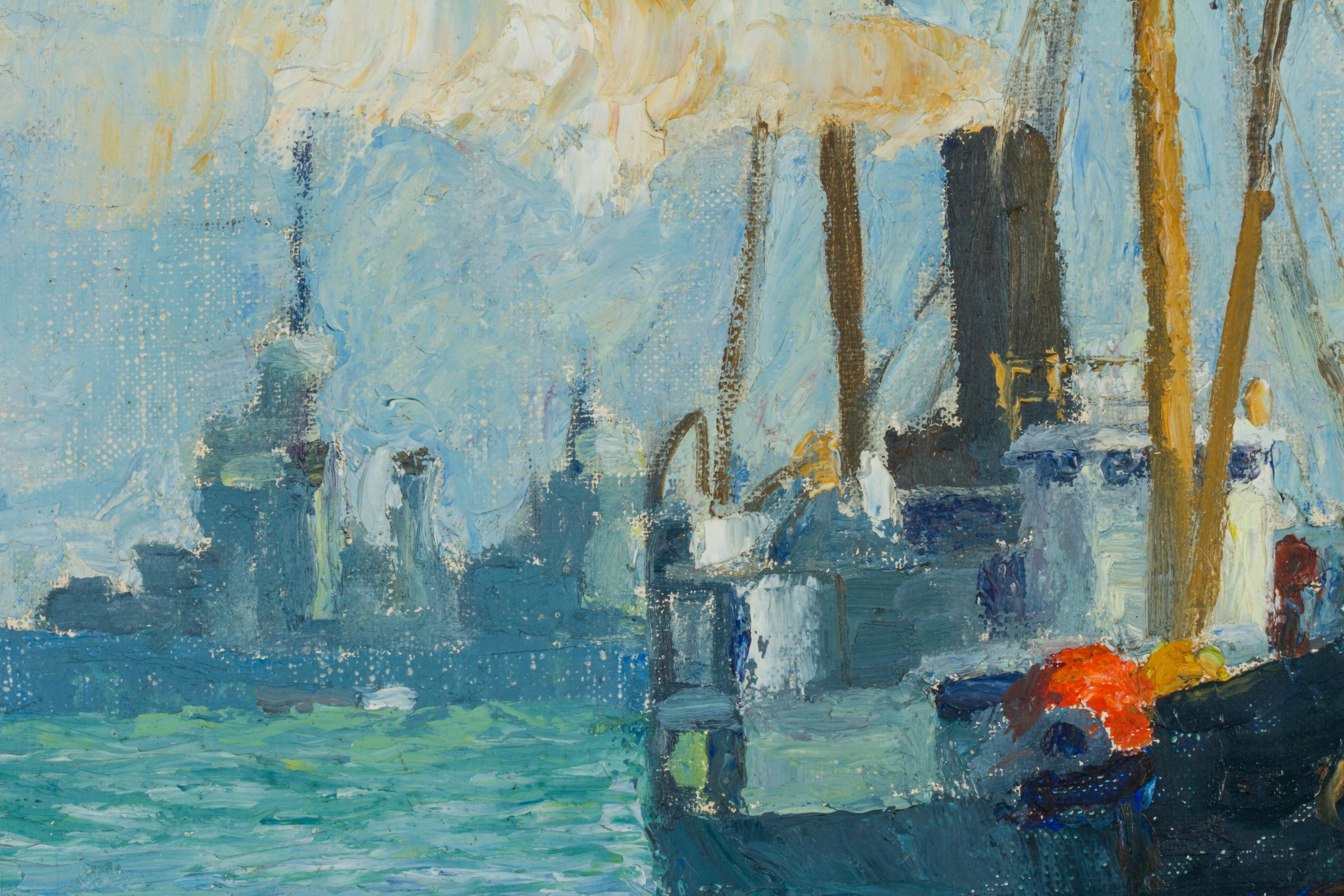 Canvas Painting by Louis Krupp “Harbor Ships” For Sale