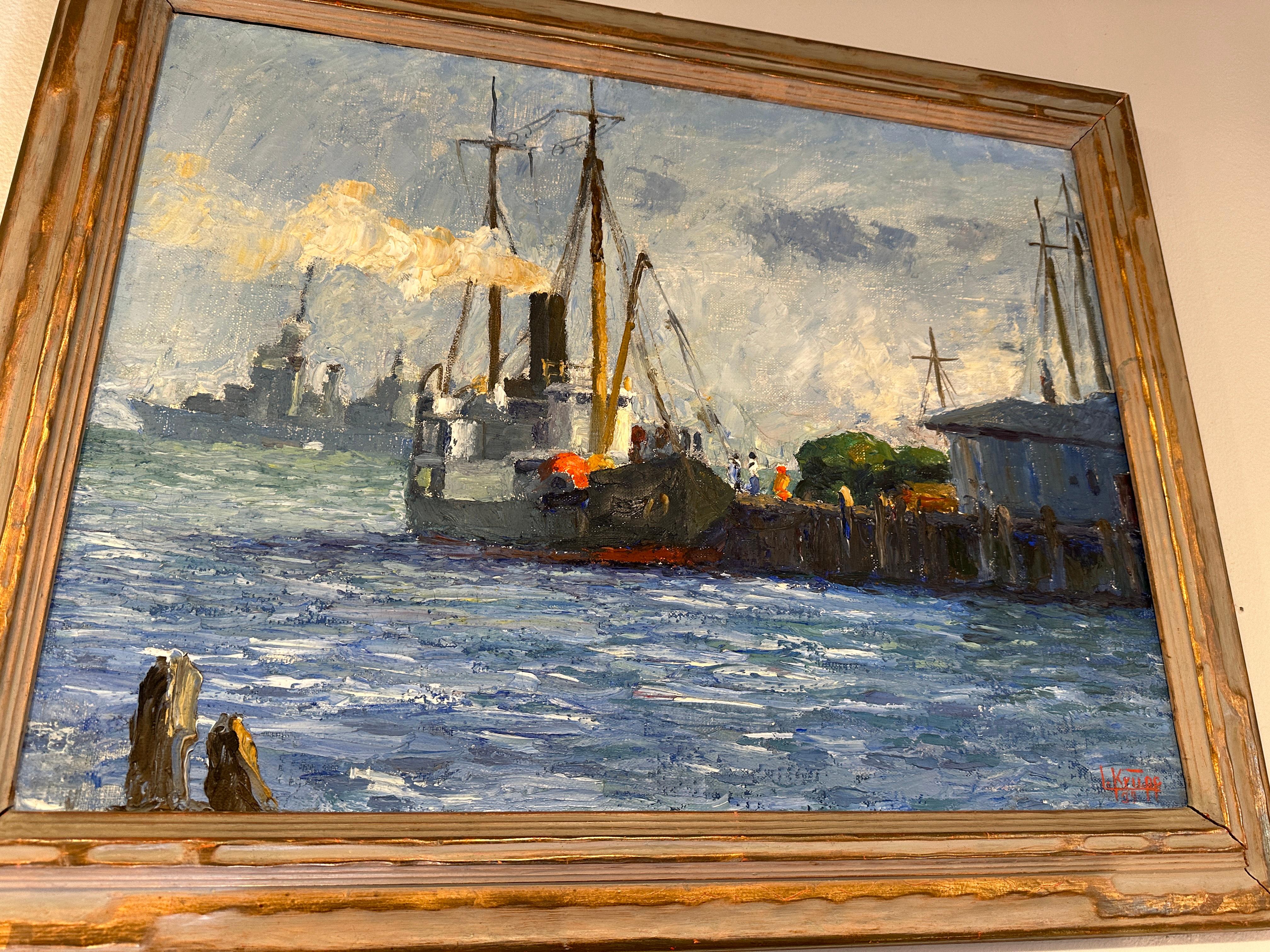 Peinture de Louis Krupp Harbor Ships en vente 1