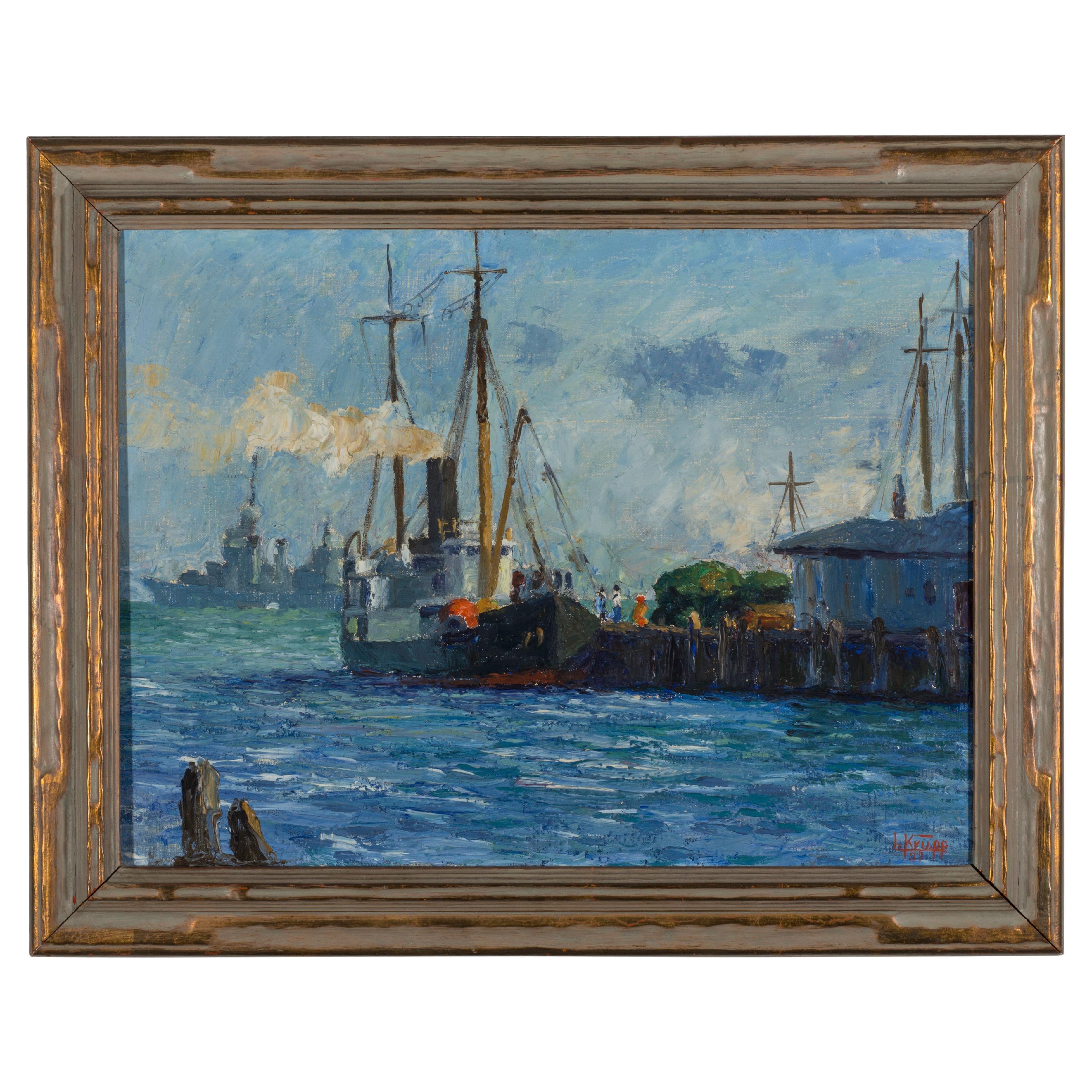 Painting by Louis Krupp “Harbor Ships” For Sale