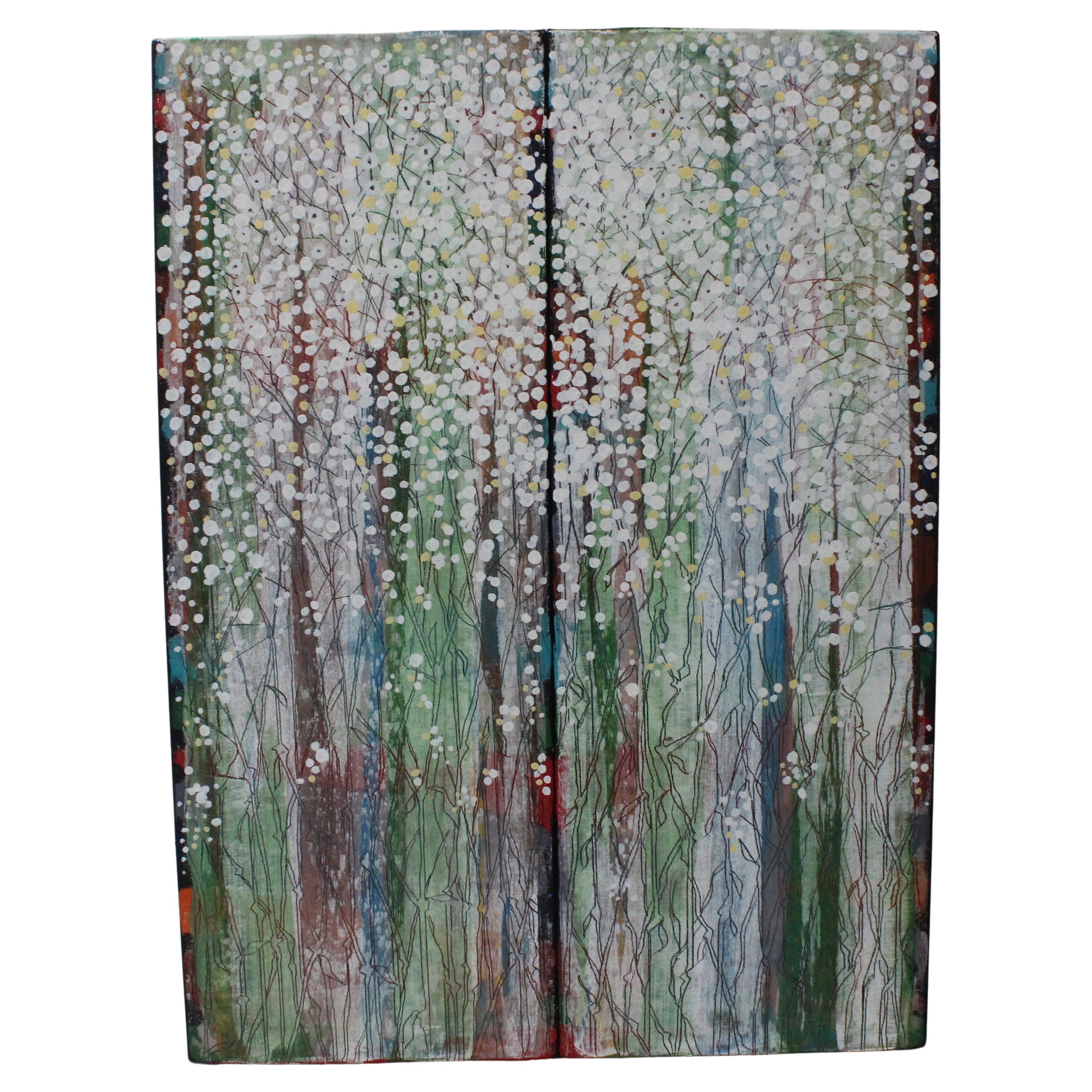 This stylish painting was created in 1991 by the painter Nobu Fukui, and it was originally purchased at the Hawkin Gallery in Palm Beach, Fl. 

Note: The title of the piece is 