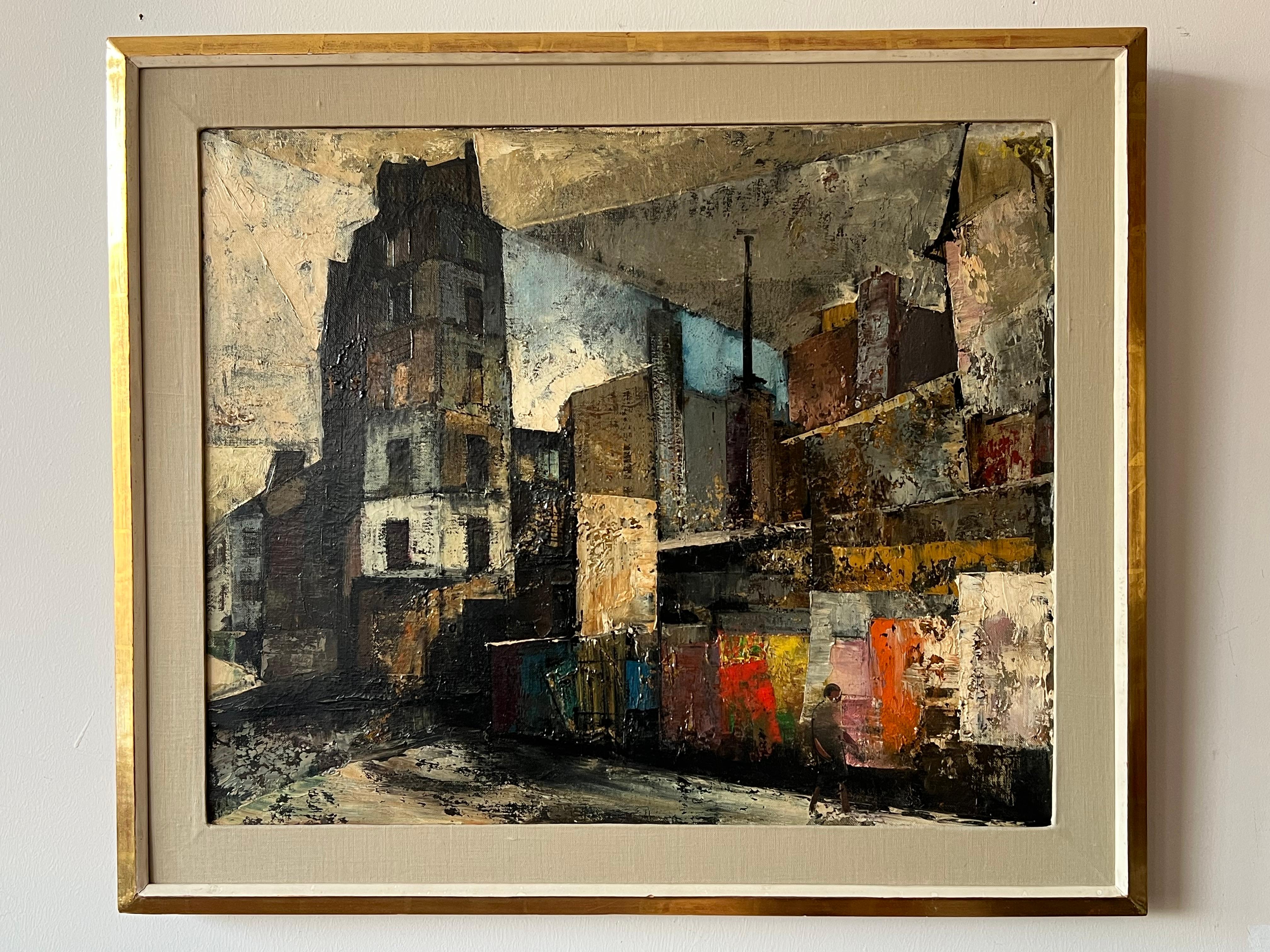 Ein wunderschönes malerisches Gemälde von Olivier Foss (1920-2002). Eine Pariser Straßenszene mit einer einsamen Figur - eine Quintessenz der modernen Existenz. Mit Spachtel und Pinsel gemalt, hat das Bild eine große Wirkung und eine hohe Qualität