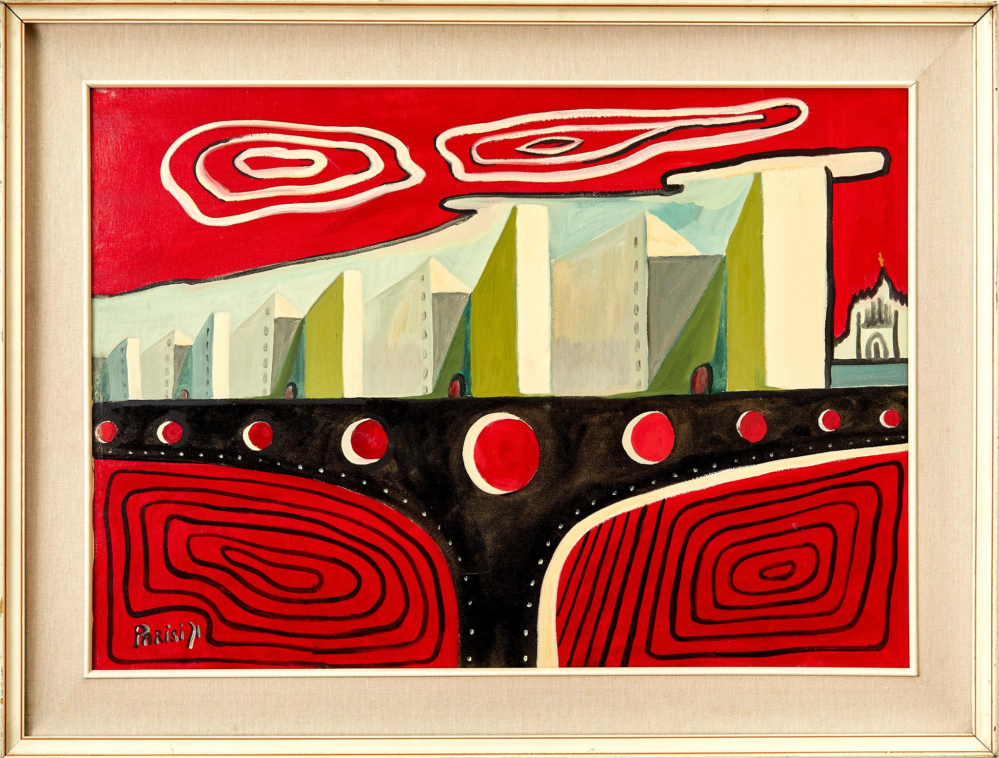 Pittura di Parisi,
scena futurista,
olio su tela, incorniciato,
firmato in basso a sinistra PARISI 71,
circa 1970, Italia.
Altezza 48 cm, larghezza 68 cm.