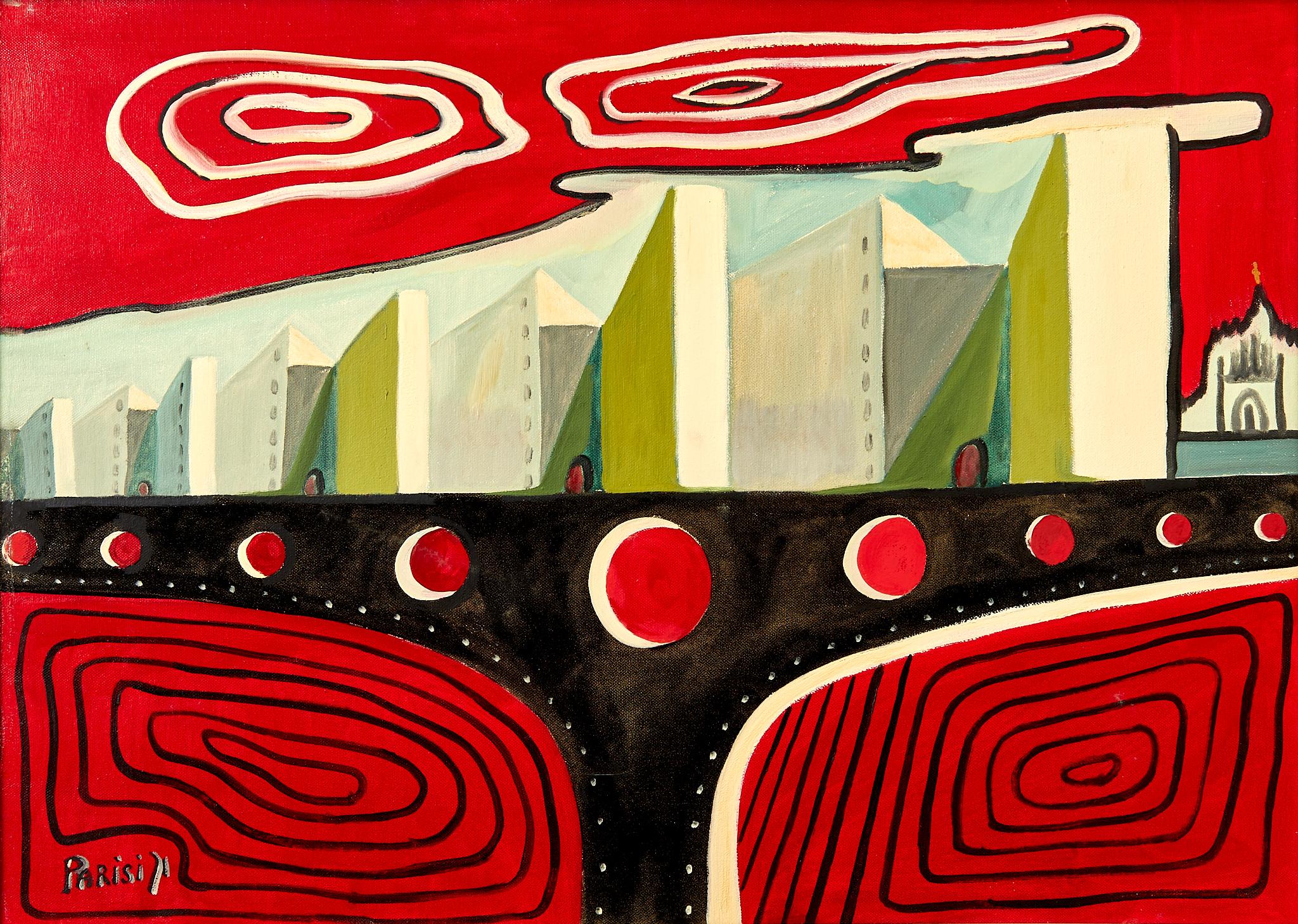 Moderno Quadro di Parisi, scena futurista, olio su tela, 1970.