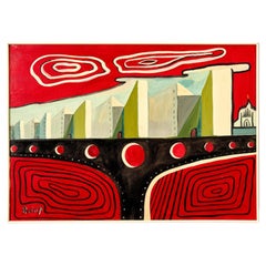 Painting by Parisi, futurist scene, oil on canvas, 1970.