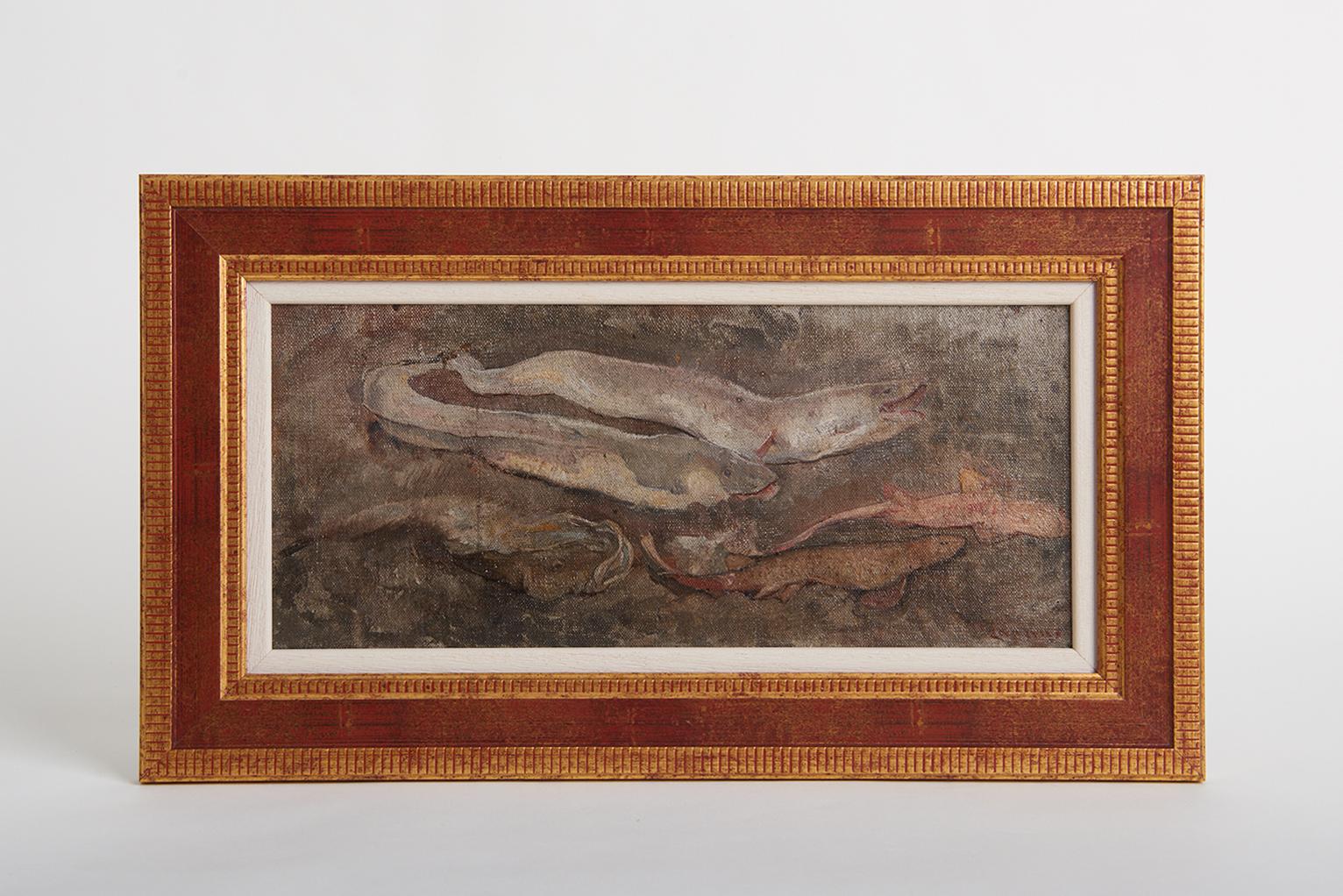 Paul-Albert Laurens (1870-1934)
Oil on canvas, marouflage on wooden panel. Depicting catsharks, morays and burbots.
France, late 19th-early 20th century.