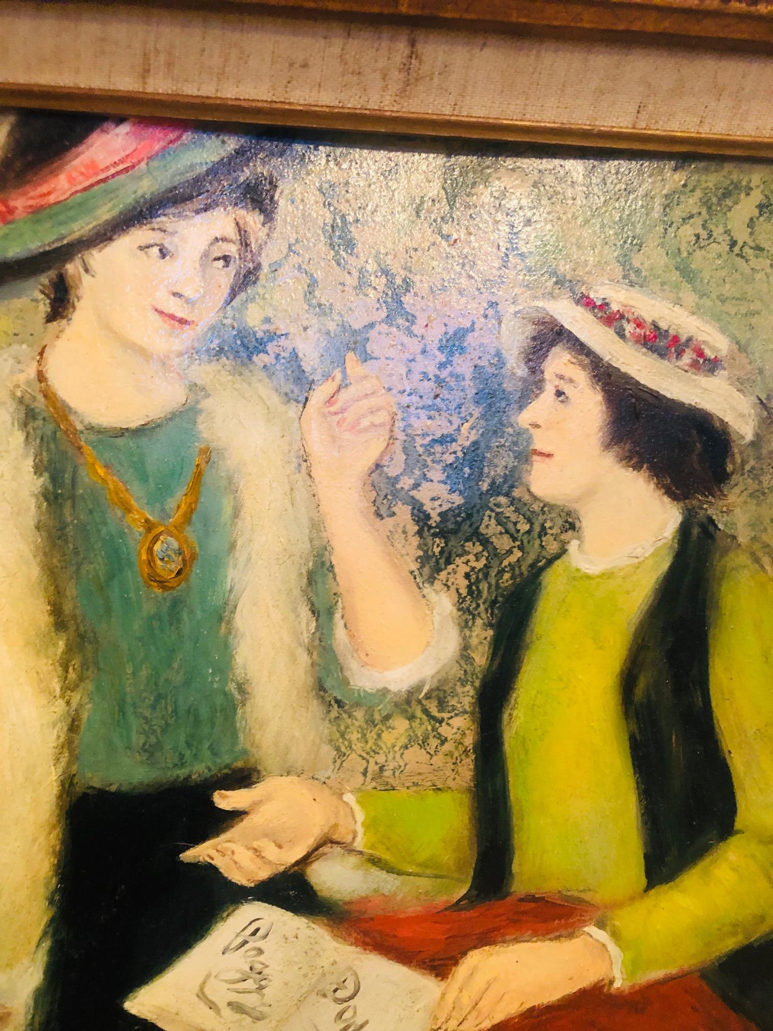 Great oil on board painting painted by Peggy Dodds of two fancy dressed women having a conversation. The artist signed her name in the book they are talking about on the table.