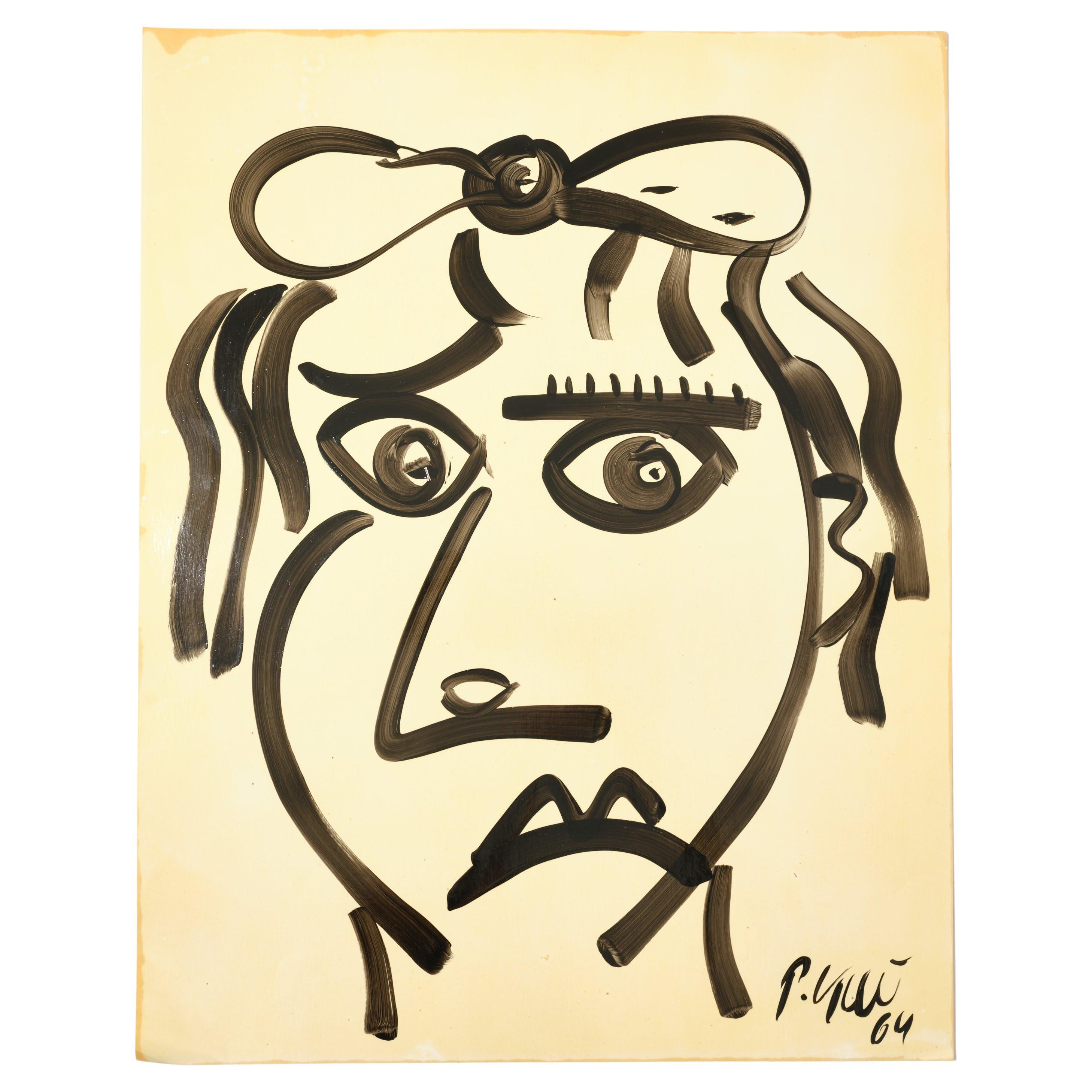 Painting by Peter Keil, Acrylic on Paper, C 1964, Face, No Frame