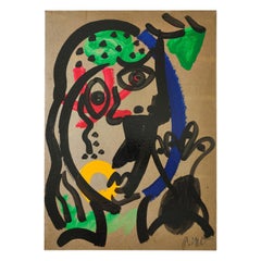 Cuadro de Peter Keil, acrílico sobre papel, rojo/azul/verde/amarillo, moderno, hacia 1970