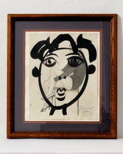 Peinture de Peter Keil, visage encadré avec une femme de la mode dans le fond, C 1959