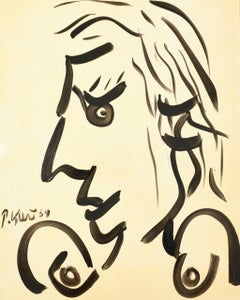 Painting by Peter Keil, Acrylic On Paper, Lady Profile, C 1964, No Frame, Signed