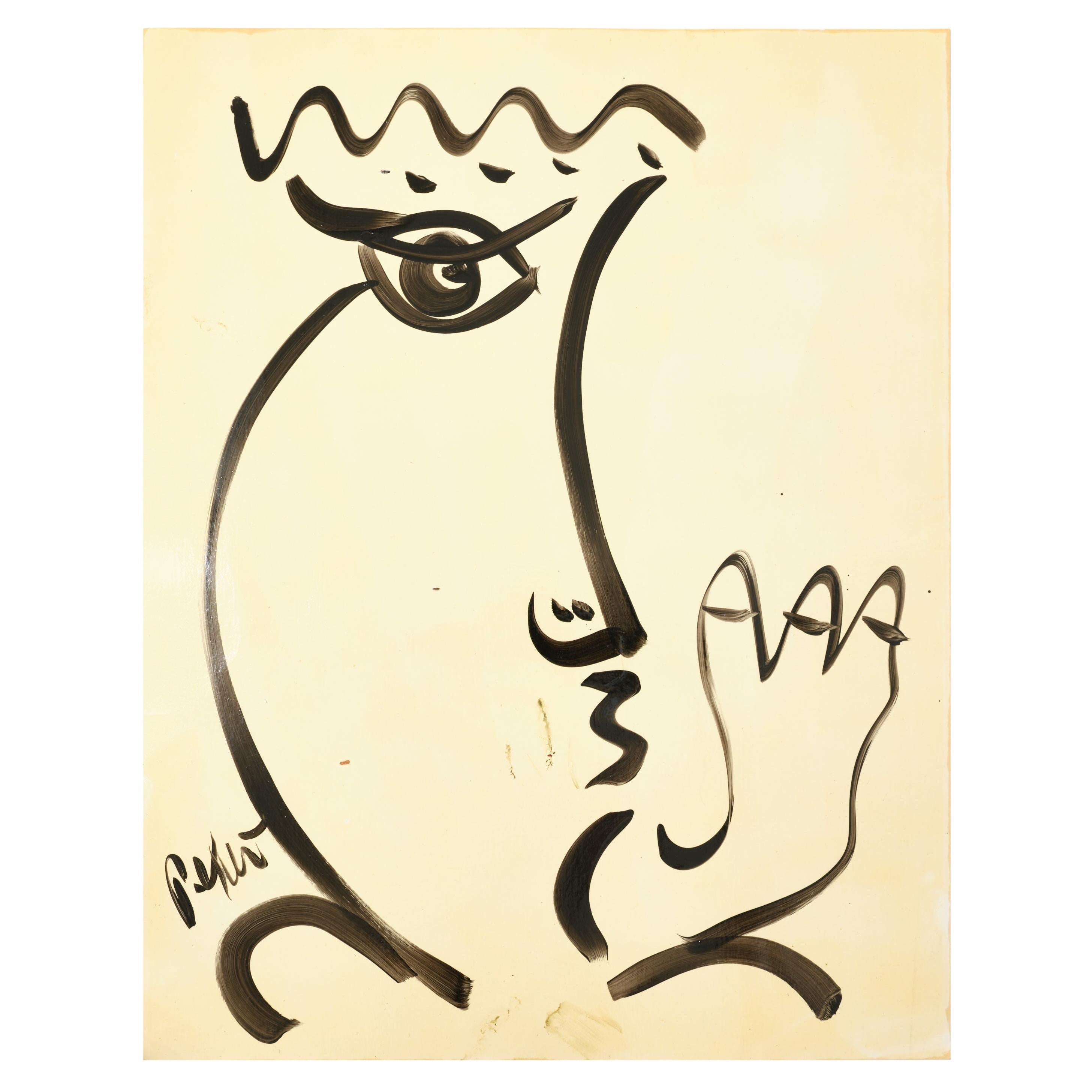 Gemälde von Peter Keil, ca. 1964, Deutschland, Gesicht auf Papier, signiert, ohne Rahmen, modern