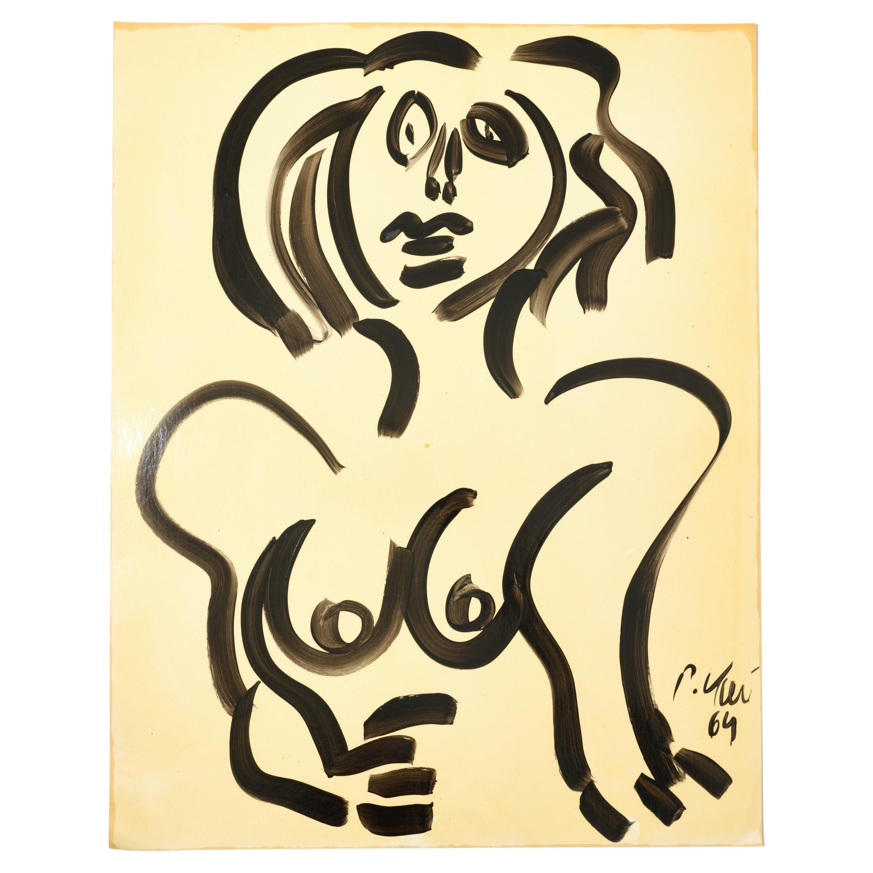 Painting by Peter Keil, C 1964, Nude Lady on Paper, Germany, No Frame, Signed For Sale