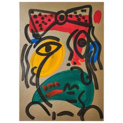 Painting by Peter Keil, C 1970, Acrylic on Board, Yellow, Red, No Frame, Germany