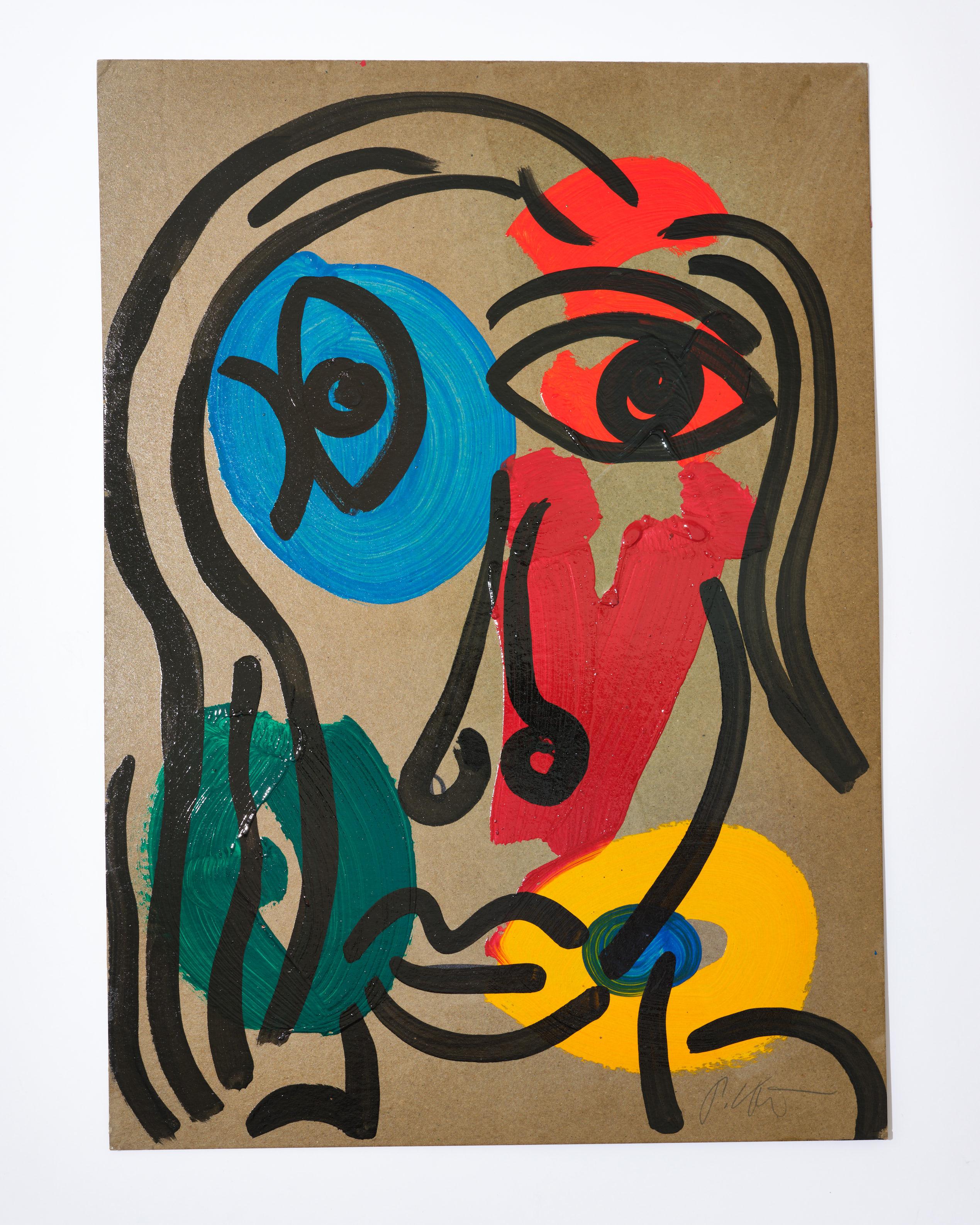 Peinture de Peter Keil, acrylique sur papier, Face of a Lady, C 1970, rouge/bleu/vert en vente 2