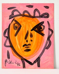 Peinture de Peter Keil, rose et orange peinte sur panneau, art moderne, vers 1972