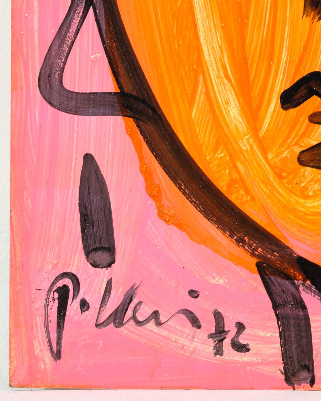German Painting by Peter Keil, Pink and Orange Painted on Board, Modern Art, C 1972 For Sale