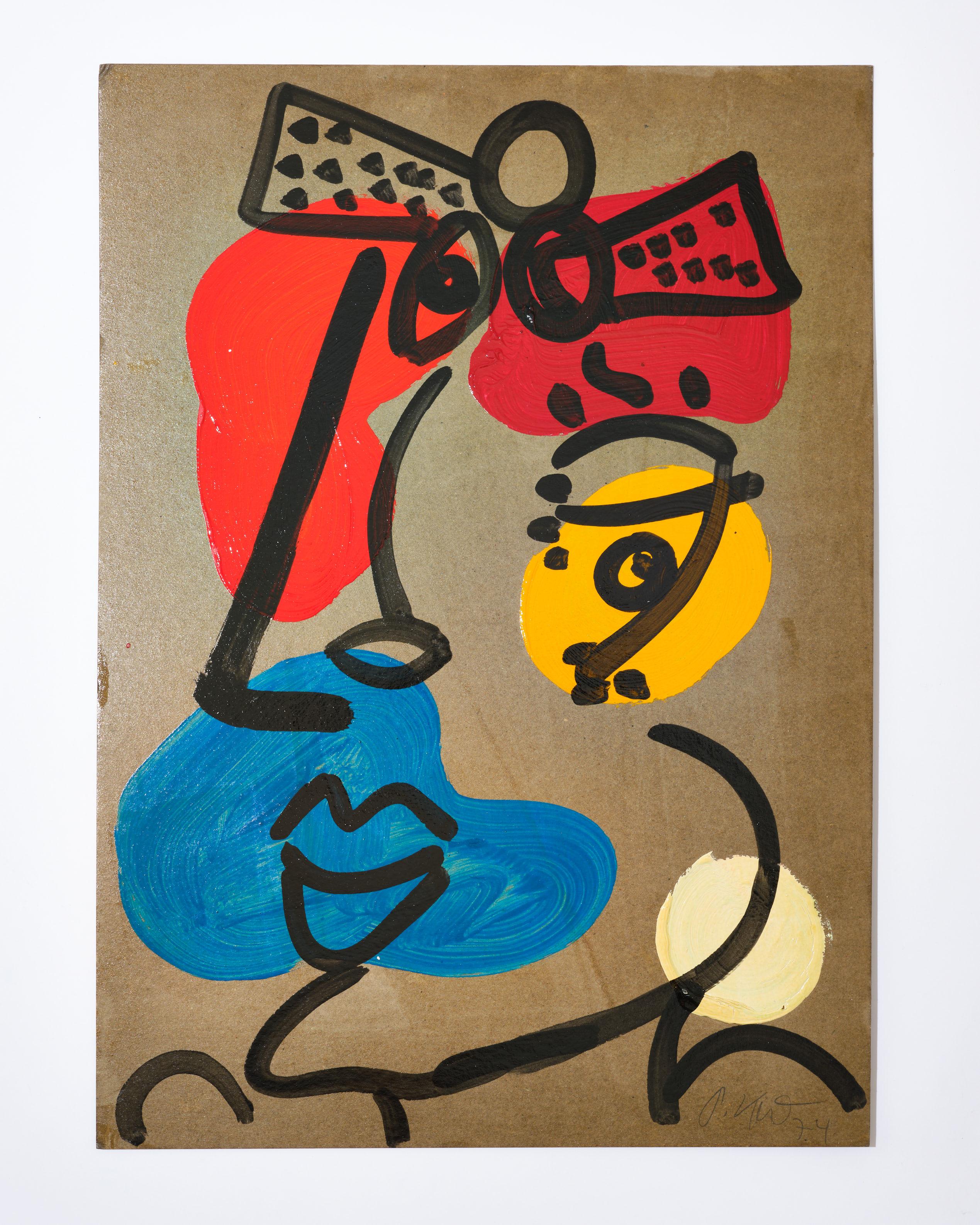 Painting by Peter Keil, C 1974, Acrylic On Paper, Red/Blue/Yellow/Black, Germany For Sale 6