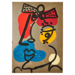 Painting by Peter Keil, C 1974, Acrylic On Paper, Red/Blue/Yellow/Black, Germany