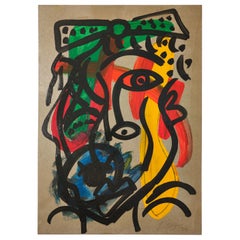 Peinture de Peter Keil, C 1974, rouge/bleu/vert/jaune, acrylique sur papier, signée