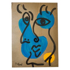 Gemälde von Peter Keil, ca. 1977, Acryl auf Papierkarton, signiert, nicht gerahmt, blau