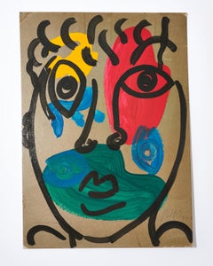 Peinture de Peter Keil, acrylique sur papier, rouge/bleu/vert/jaune, C 1977, Allemagne