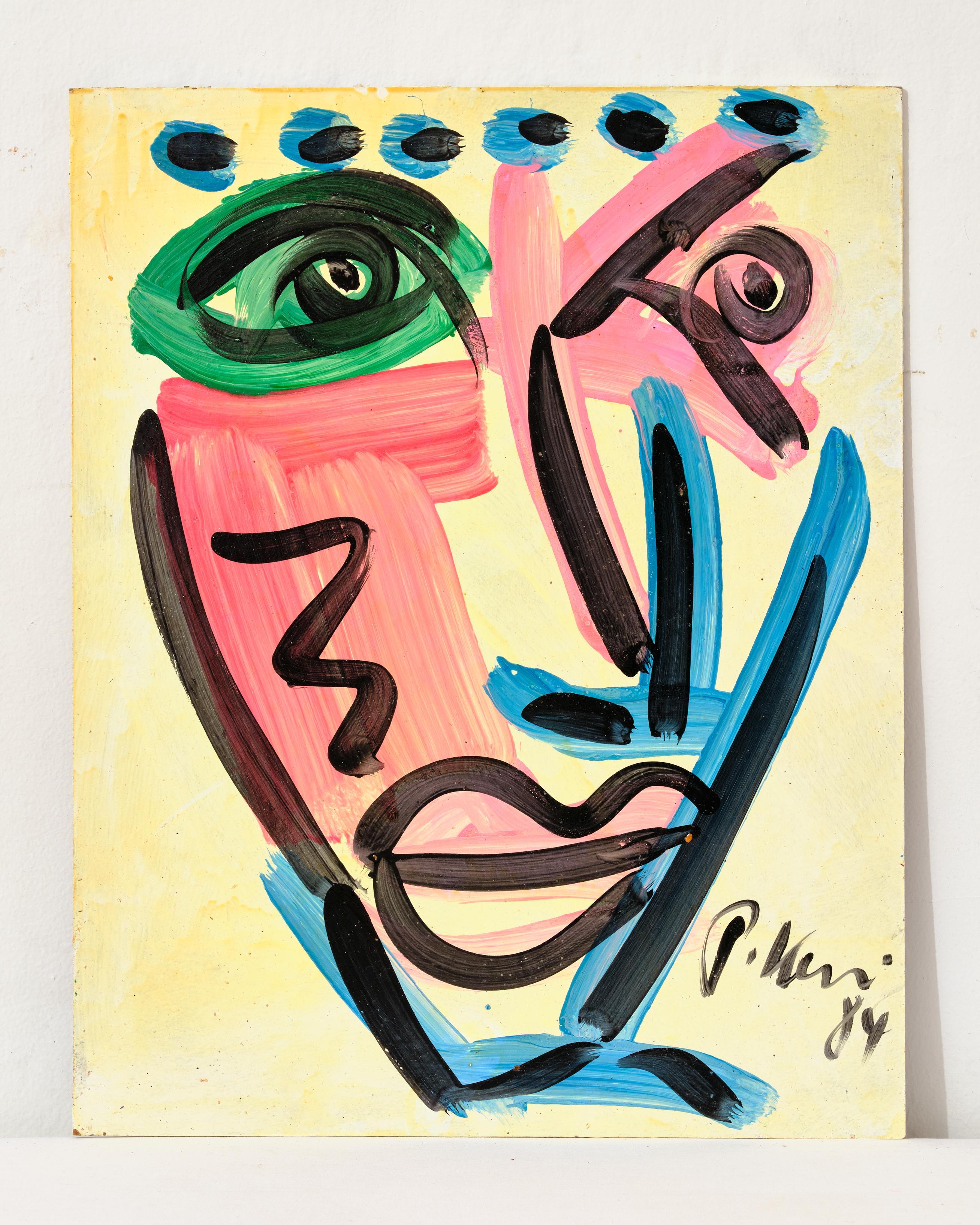 Painting by Peter Keil, Acrylic on Board, No Frame, Red, Blue and Green, C 1984 For Sale 1