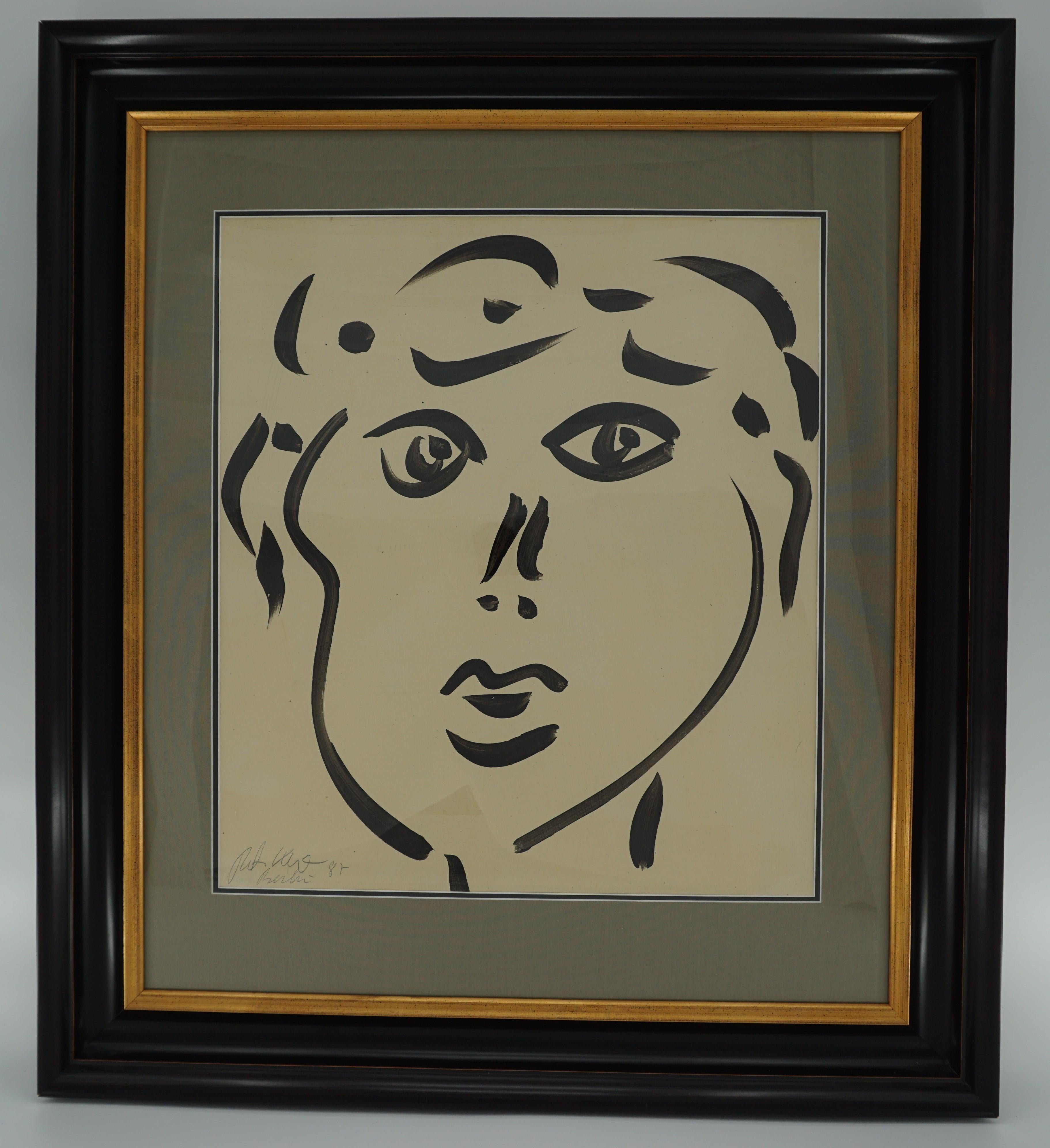 Painting by Peter Keil, circa 1987. Acrylic on Paper, matted and framed with a black and gold wood frame. The art work is called 