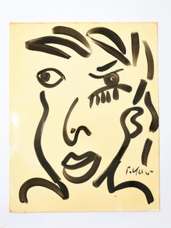 Gemälde von Peter Keil, Gesicht eines jungen Mannes, Acryl auf Papier, ca. 1964, signiert, modern