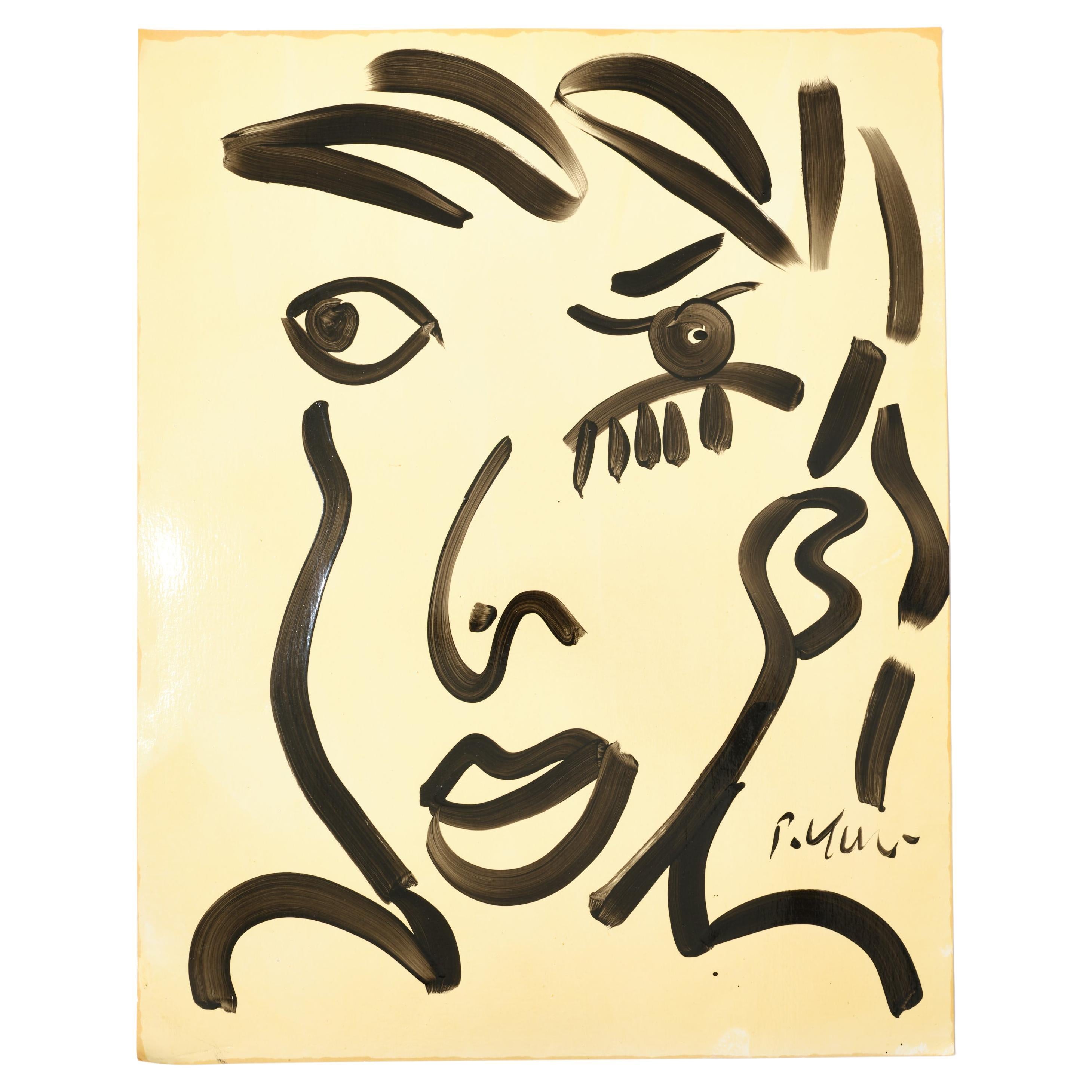 Painting by Peter Keil, Young Man Face, Acrylic On Paper, Signed, C 1964