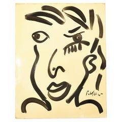 Painting by Peter Keil, Young Man Face, Acrylic On Paper, C 1964, Signed