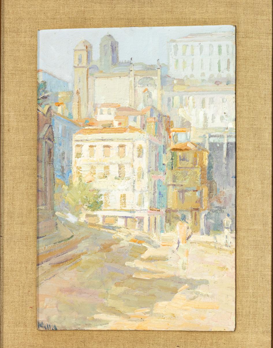 Painting by Portuguese Mello Junior, Square View with Cathedral, 20th Century (Portugiesisch) im Angebot