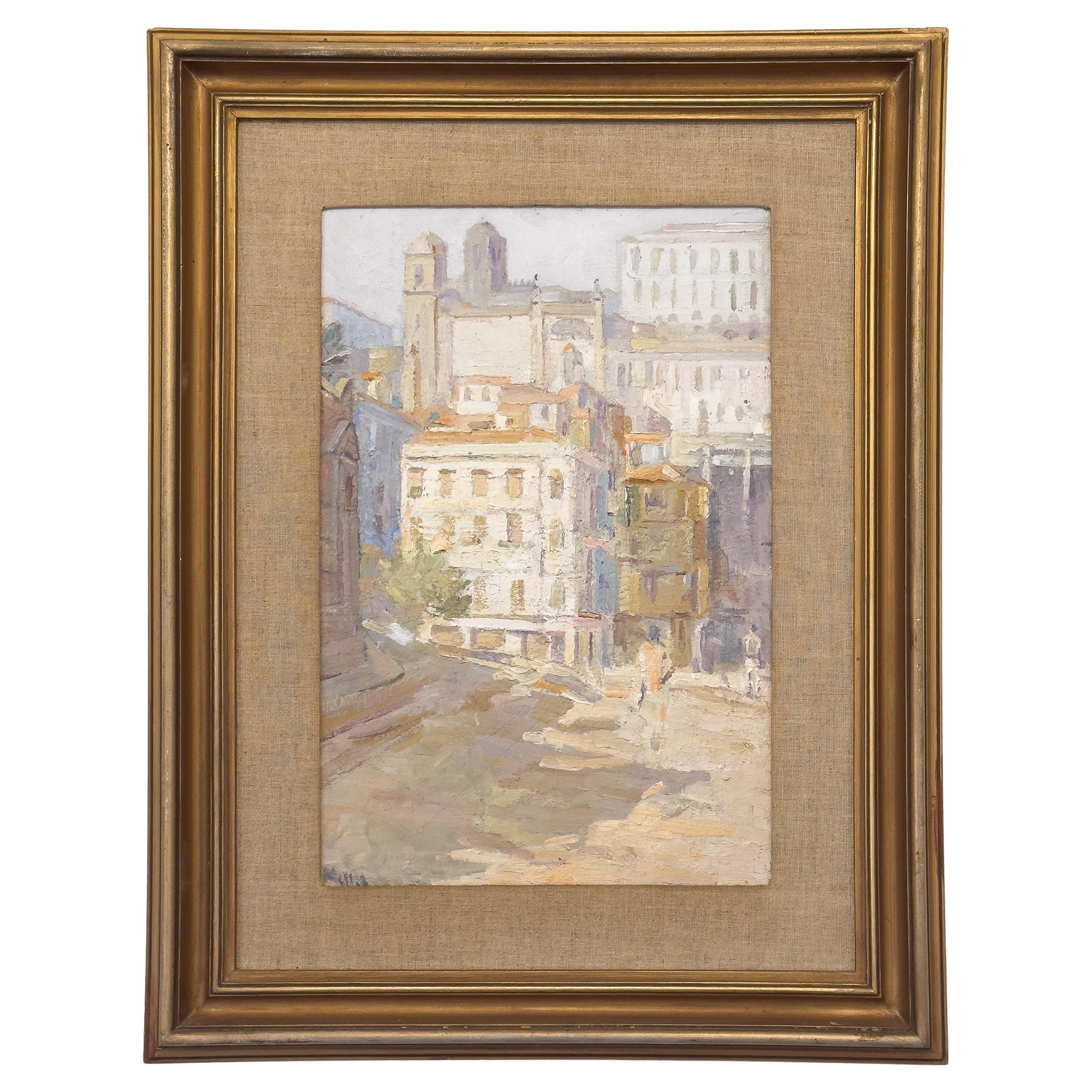 Painting by Portuguese Mello Junior, Square View with Cathedral, 20th Century