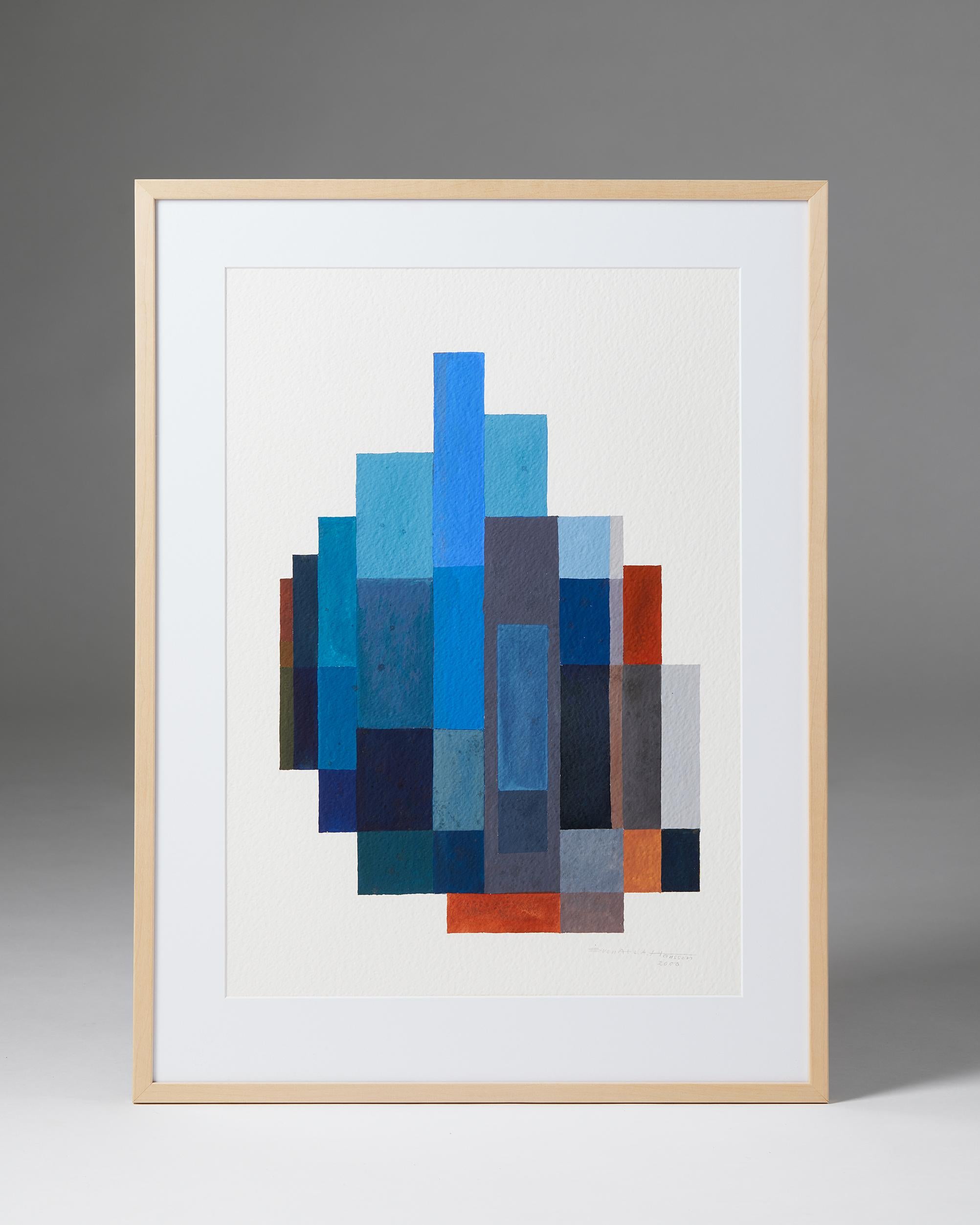 Painting by Sven Hansson,
Sweden, 2000.

Watercolour on paper, framed.

Signed.

Measurements:
H: 73 cm
W: 55 cm
D: 1.5 cm.

Working in a purely geometric, non-figurative style, Sven Hansson was a Swedish painter who is now represented in various