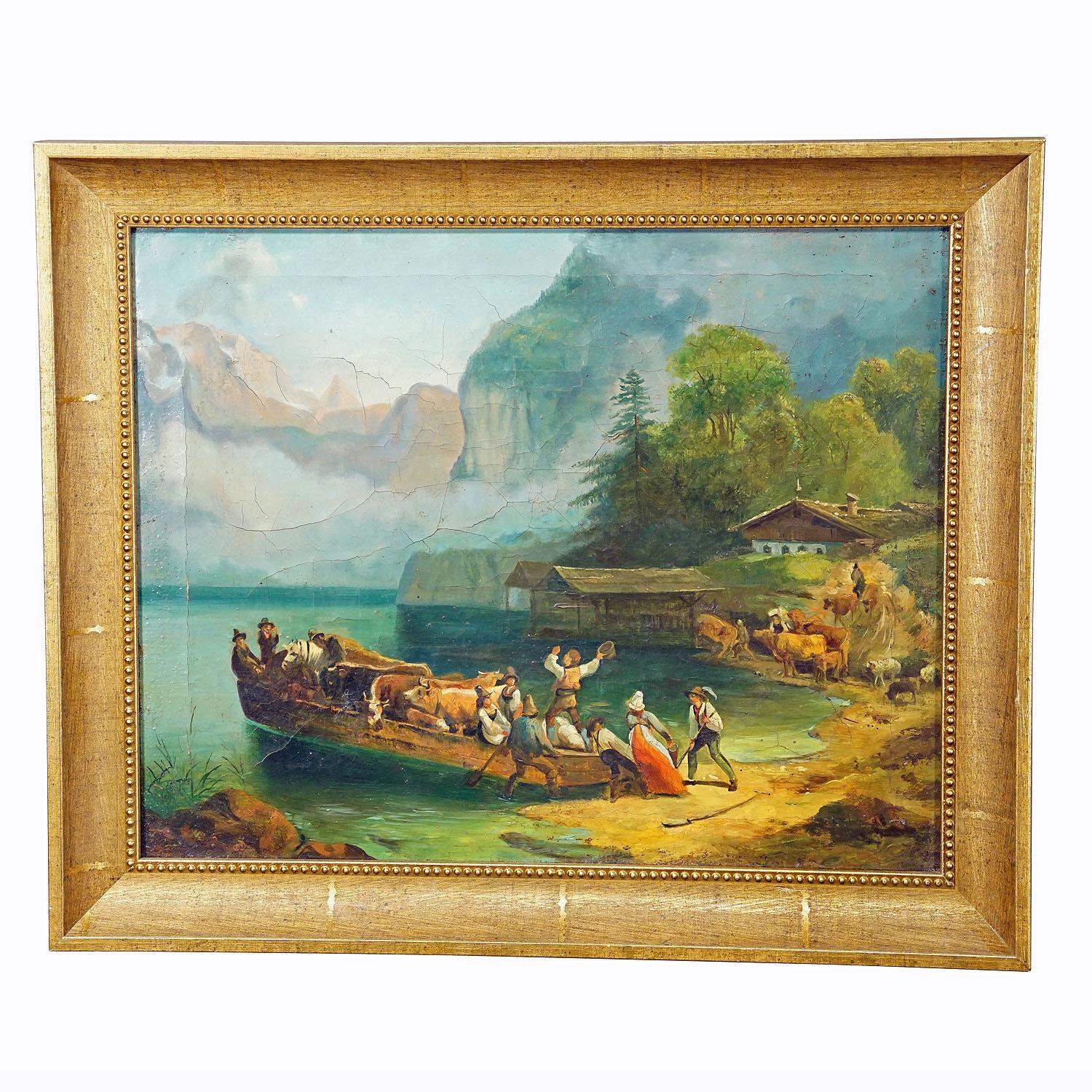 Painting Cattle Carriage on an Alpine Lake, Oil on Canvas 19th century

A lovely antique oil painting depicting a Tyrolian farmers family which loads their cattle heard onto a boat. The scene is located on an mountain lake in the Alpine landscape.