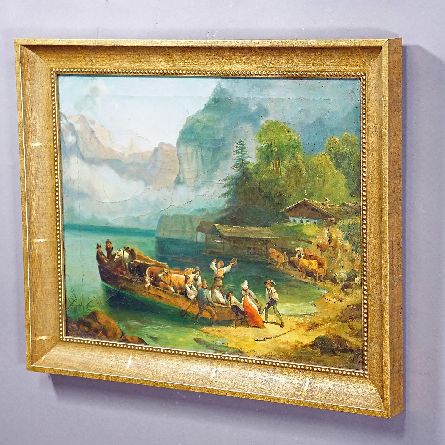 Biedermeier Painting Cattle Carriage on an Alpine Lake, Oil on Canvas 19th century For Sale