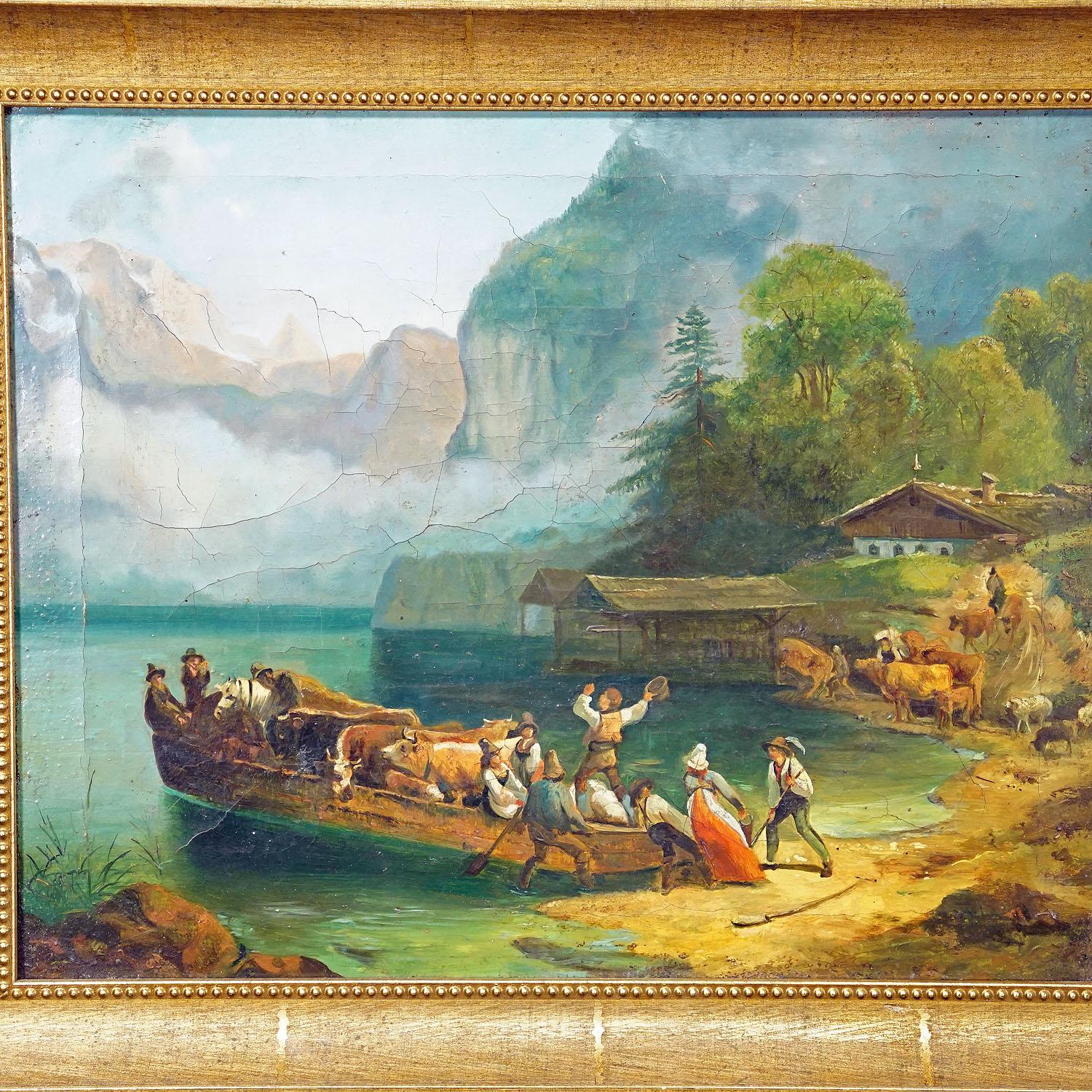 Allemand Peinture Voiture à bestiaux sur un lac alpin, Huile sur toile 19e siècle en vente
