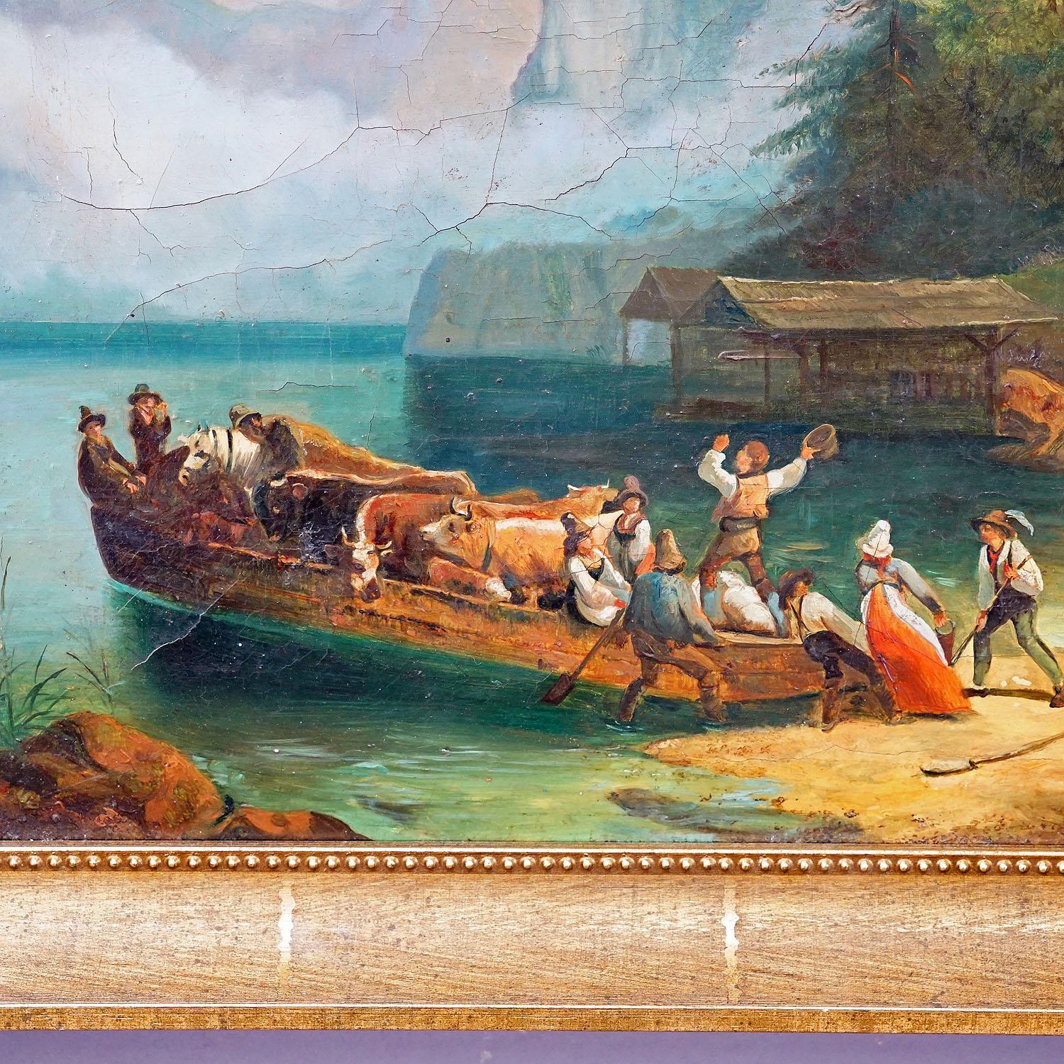Painted Painting Cattle Carriage on an Alpine Lake, Oil on Canvas 19th century For Sale