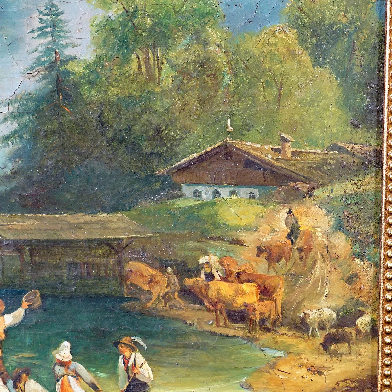 XIXe siècle Peinture Voiture à bestiaux sur un lac alpin, Huile sur toile 19e siècle en vente