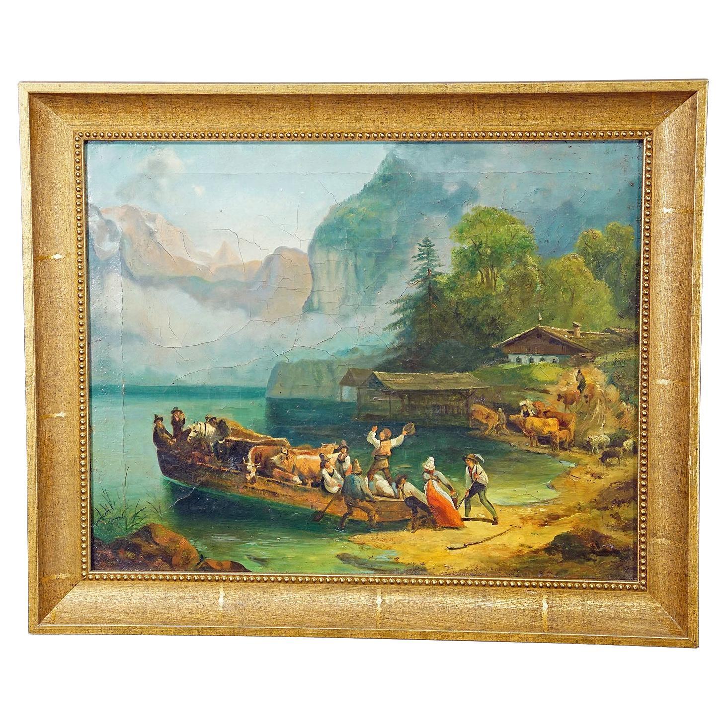 Peinture Voiture à bestiaux sur un lac alpin, Huile sur toile 19e siècle en vente