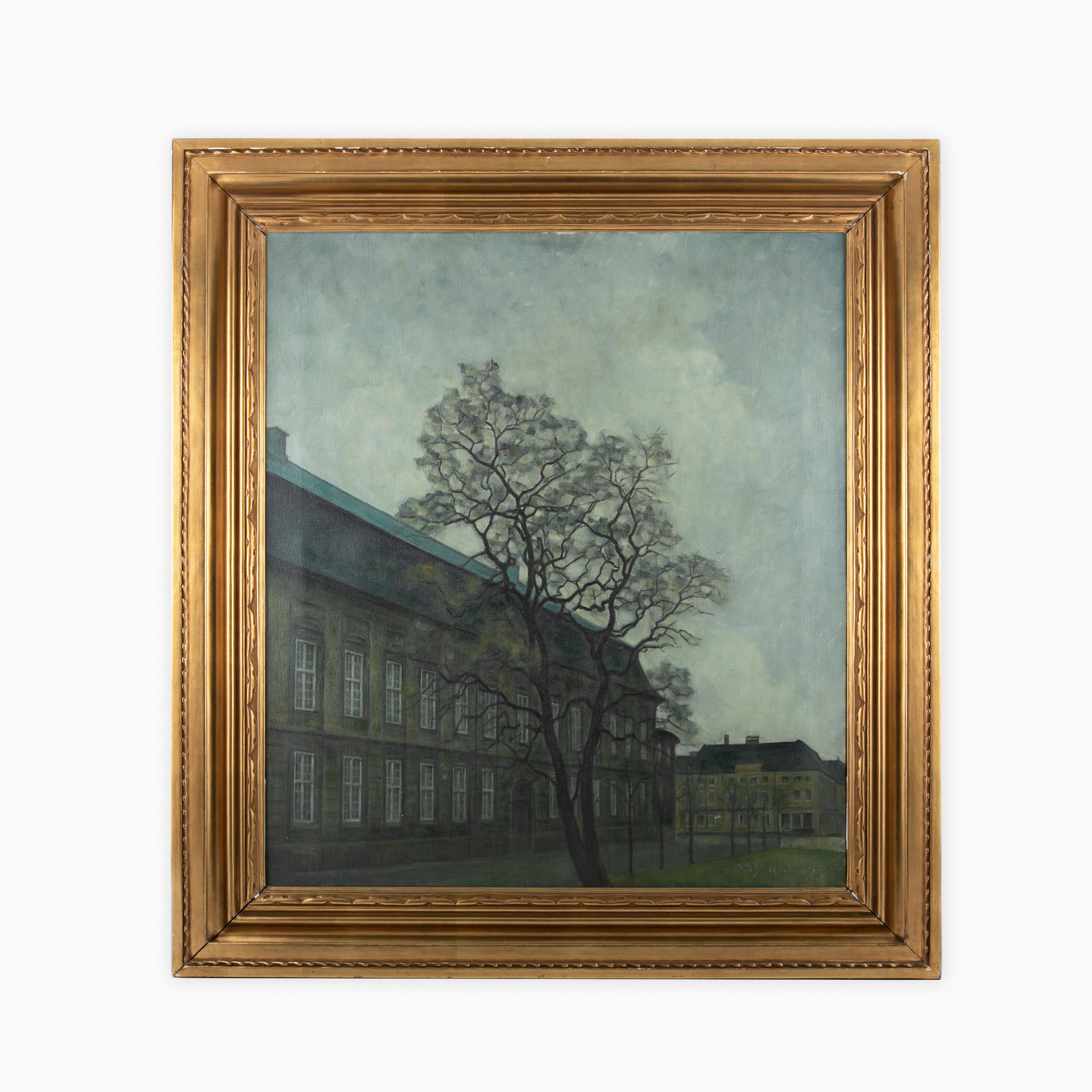 Svend Hammershøi (Danish, 1873–1948).
The Royal Stables - Christiansborg Palace, Denmark. Oil on canvas.
Artwork dimensions: 76,5 x 67 cm.
Signed S.H. Nov. 35.

Framed in giltwood frame from same period.
Measures: art work: 76.5 x 67 Frame: