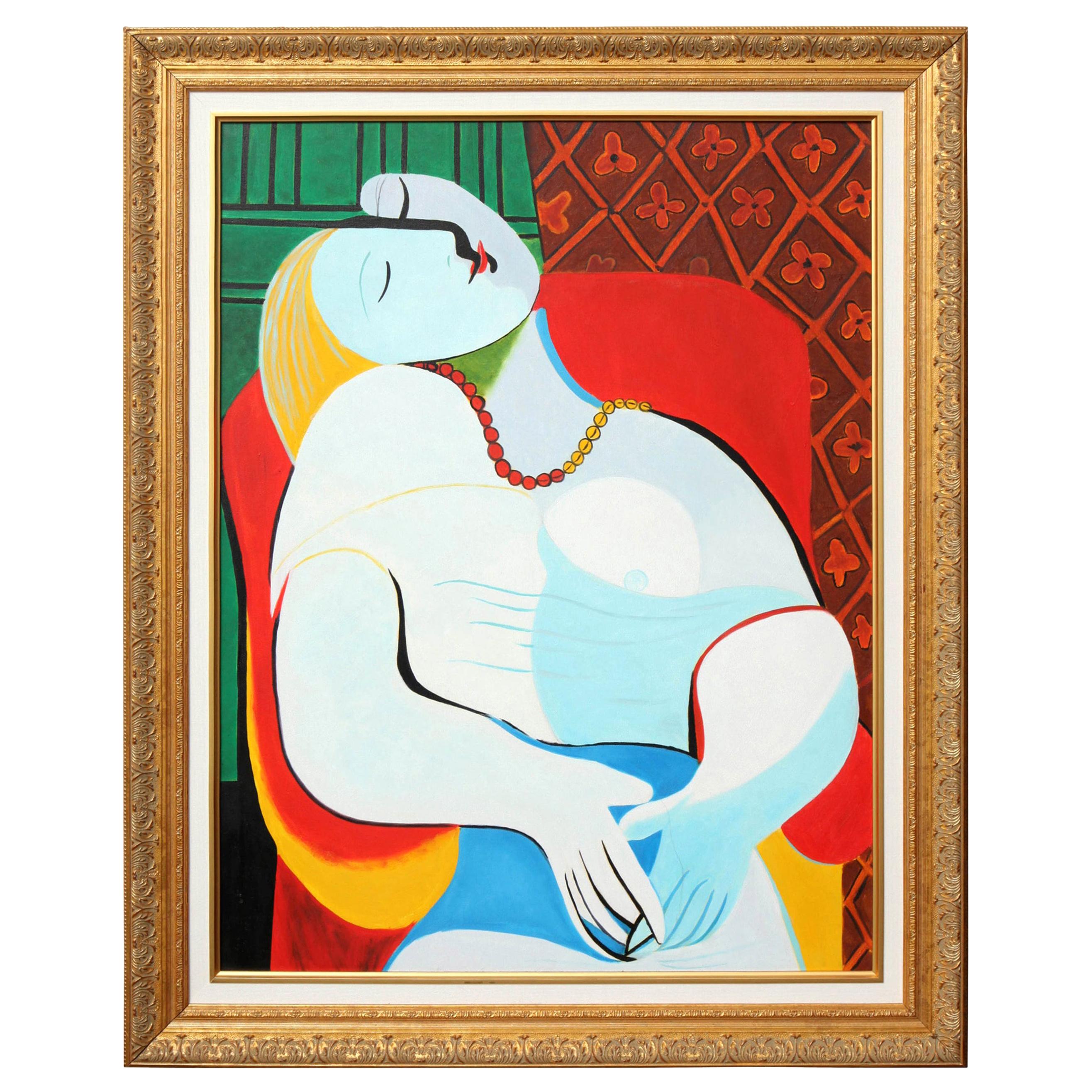 Painting, Copy by Picasso, "The Dream" with a Gold Frame, Modern Art